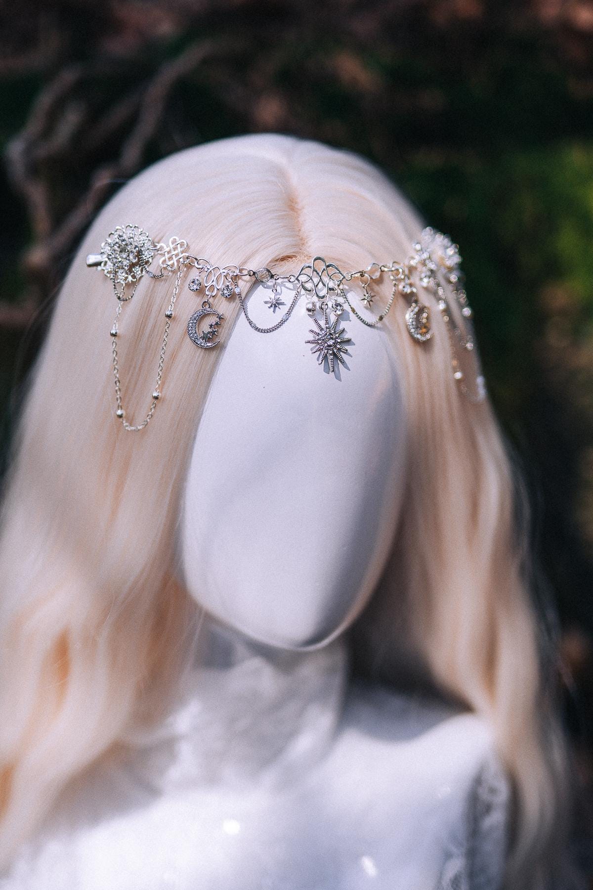 Celestial Forehead Hair Chain Silver Bridal Headpiece Moon Star Hair Jewelry Festival Hairpiece