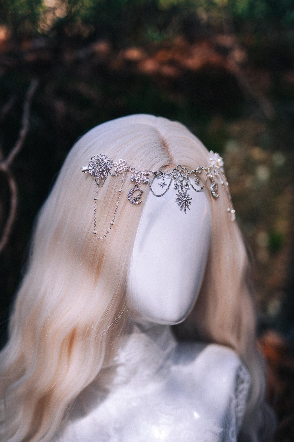 Celestial Forehead Hair Chain Silver Bridal Headpiece Moon Star Hair Jewelry Festival Hairpiece
