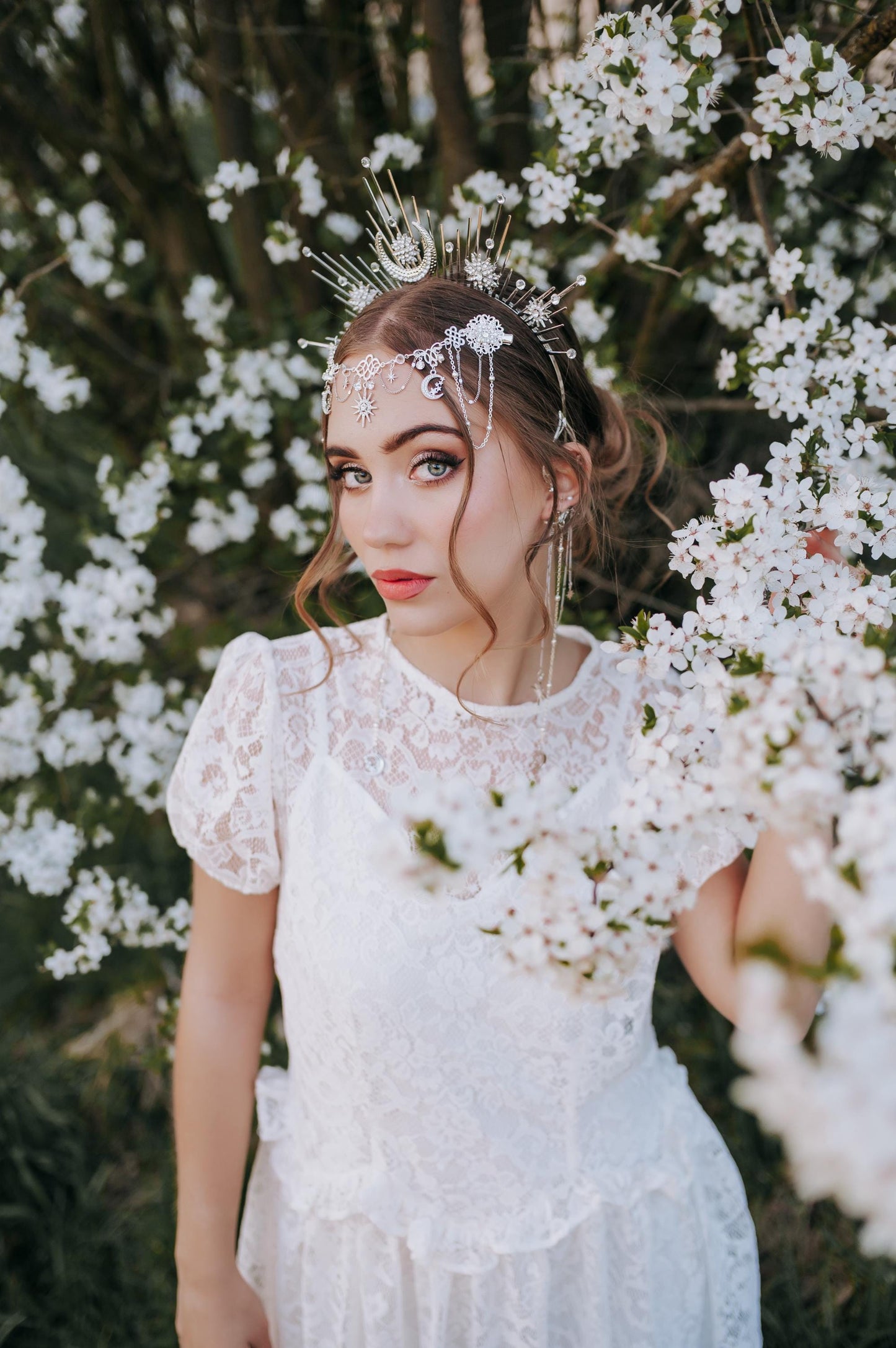 Celestial Halo Crown Silver Bridal Headpiece Moon Star Crown Fantasy Wedding Crown