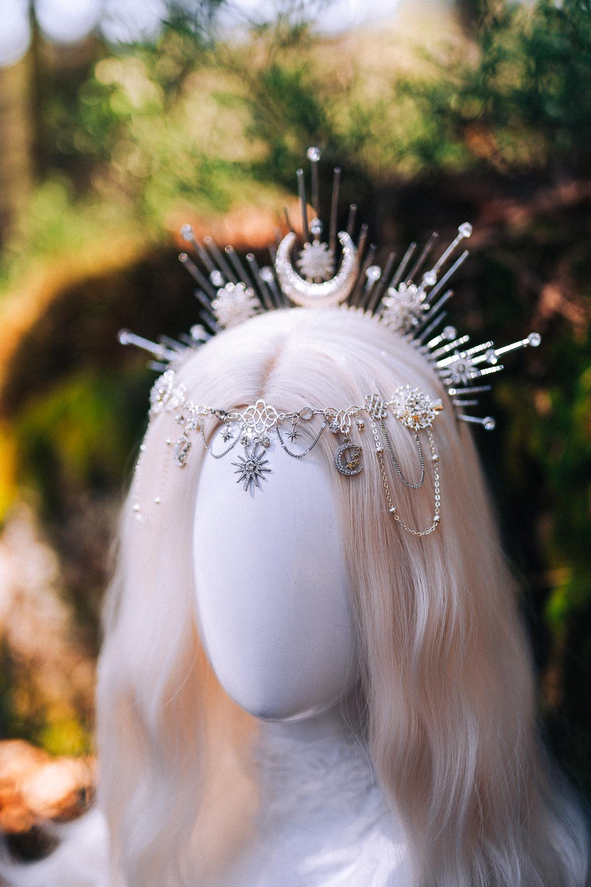 Celestial Halo Crown Silver Bridal Headpiece Moon Star Crown Fantasy Wedding Crown