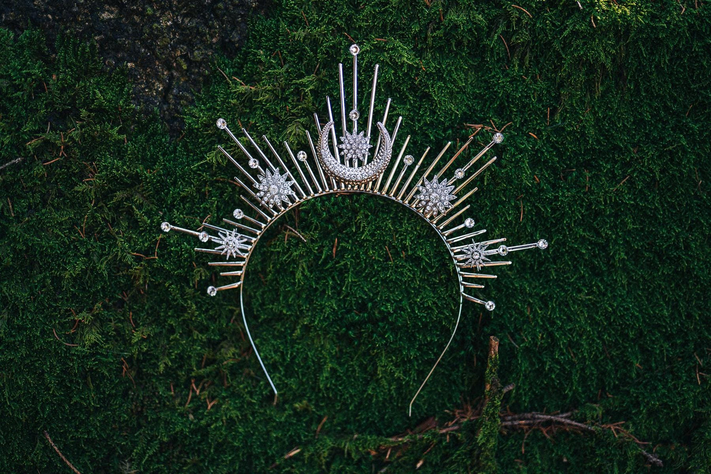 Celestial Halo Crown Silver Bridal Headpiece Moon Star Crown Fantasy Wedding Crown