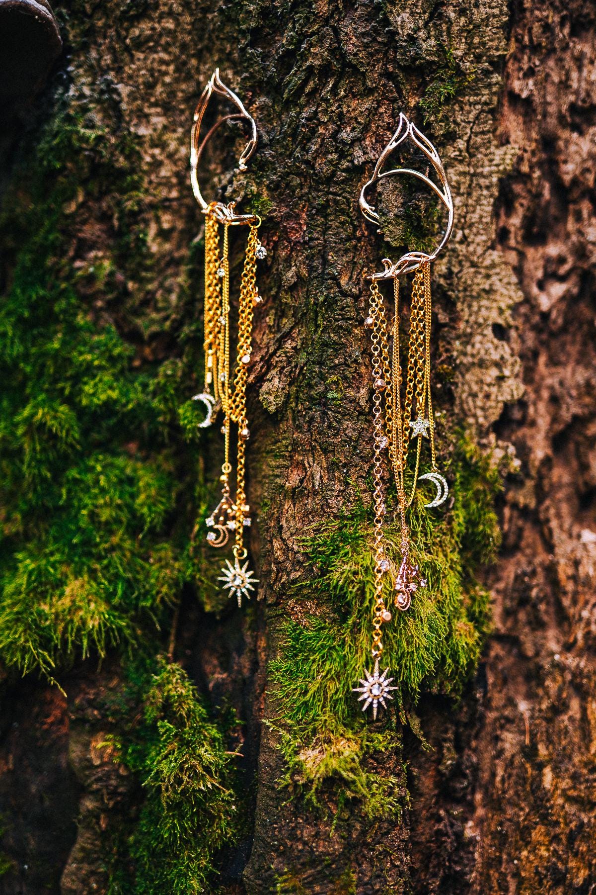 Gold Elf Ear Cuffs Celestial Ear Jewelry Moon Star Chain Festival Goddess Jewelry Set