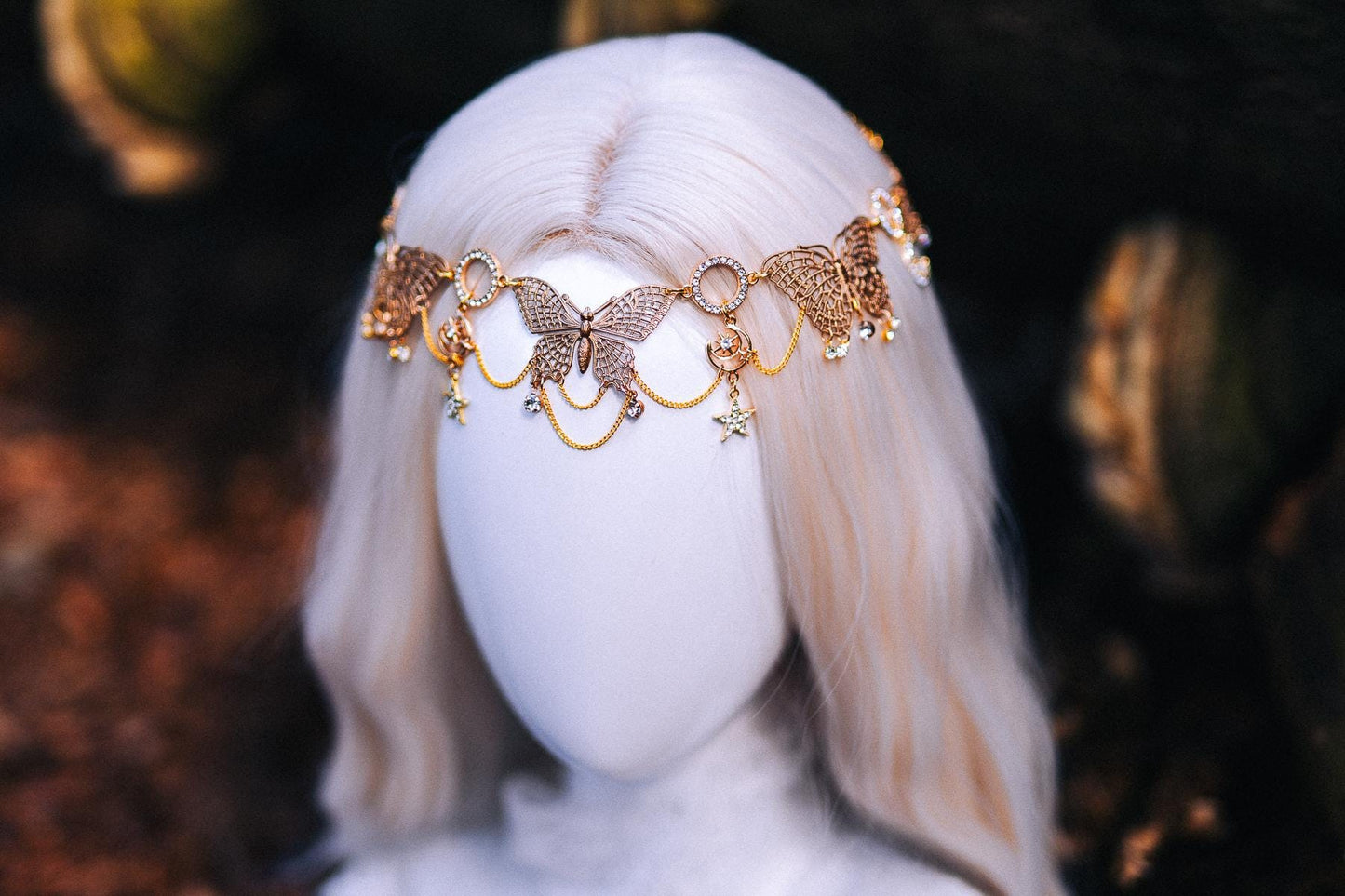 Gold Celestial Forehead Chain Headpiece: Moon Star Bridal Hair Jewelry