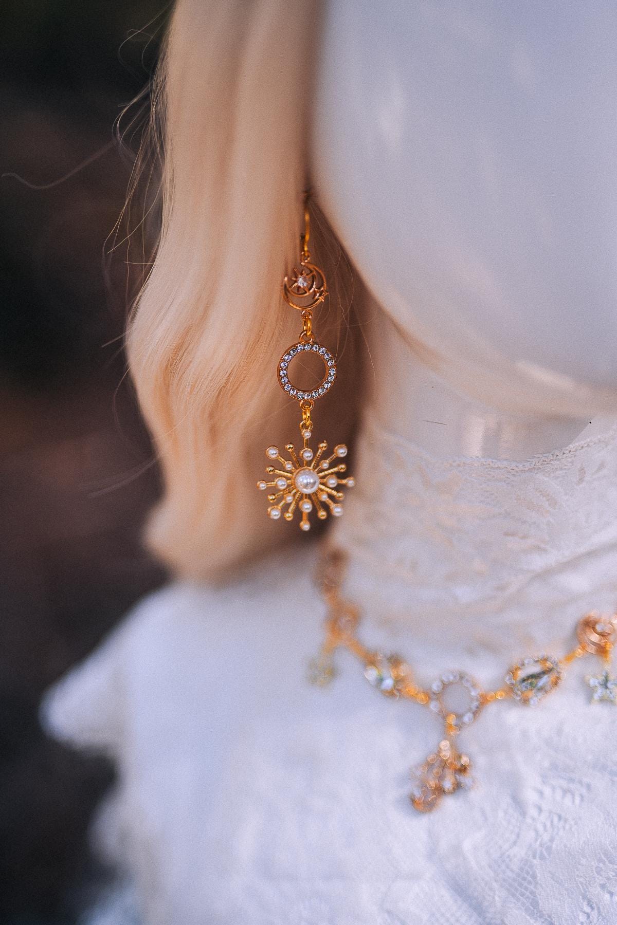 Gold Celestial Necklace Star Moon Necklace Bridal Jewelry Goddess Necklace Boho Wedding Jewelry