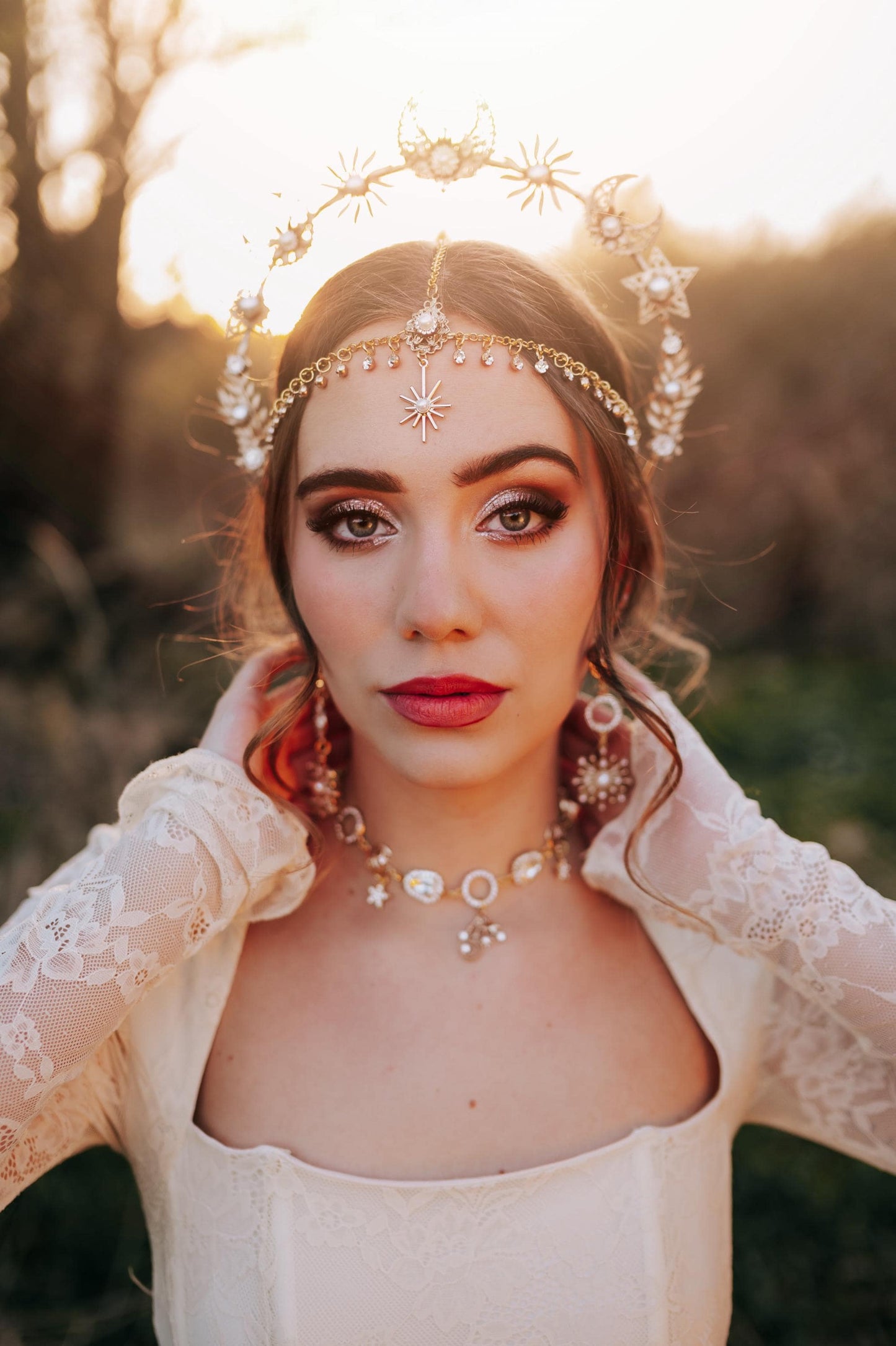 Gold Celestial Halo Crown Bridal Headpiece Star Moon Crown Goddess Wedding Crown