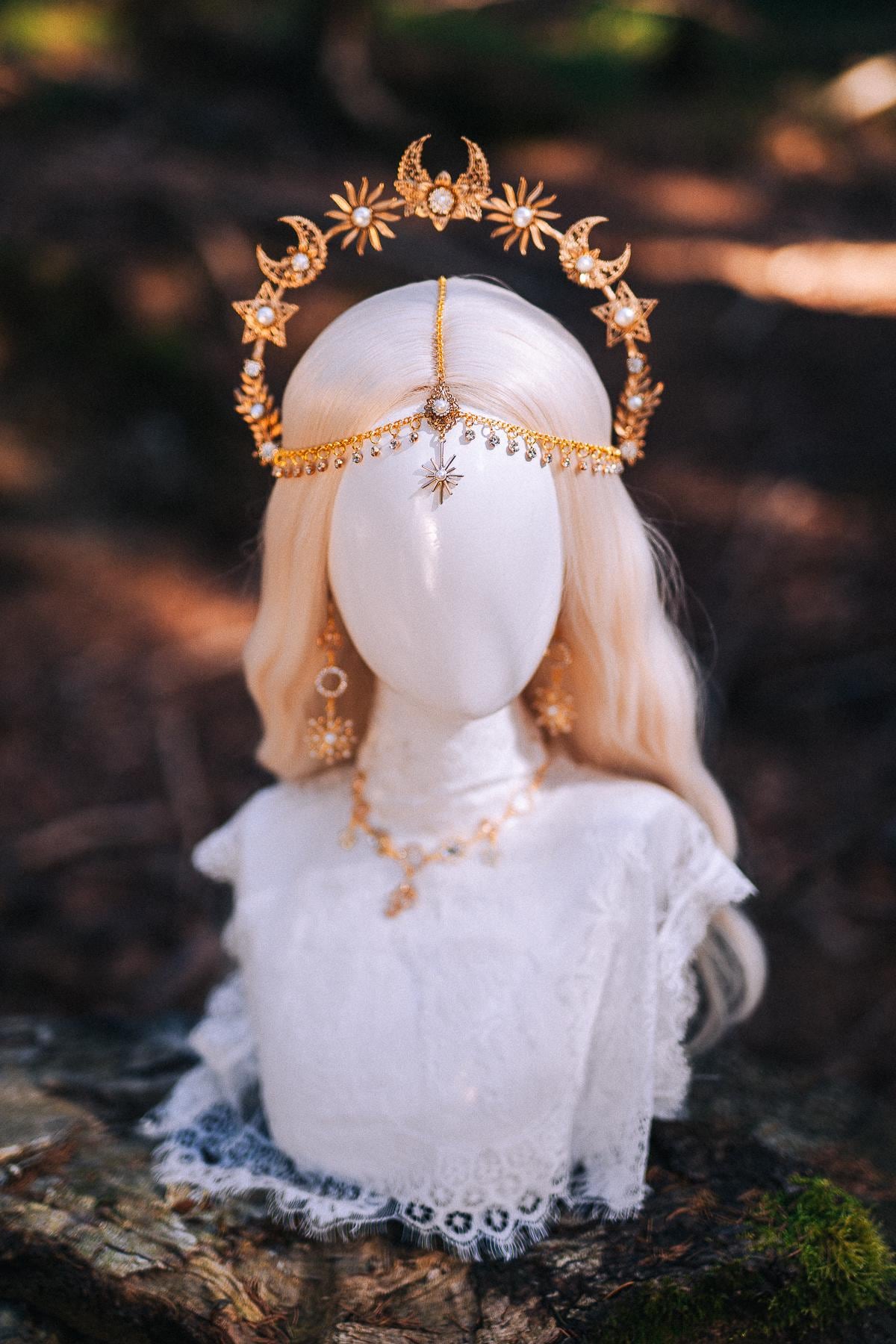 Gold Celestial Halo Crown Bridal Headpiece Star Moon Crown Goddess Wedding Crown