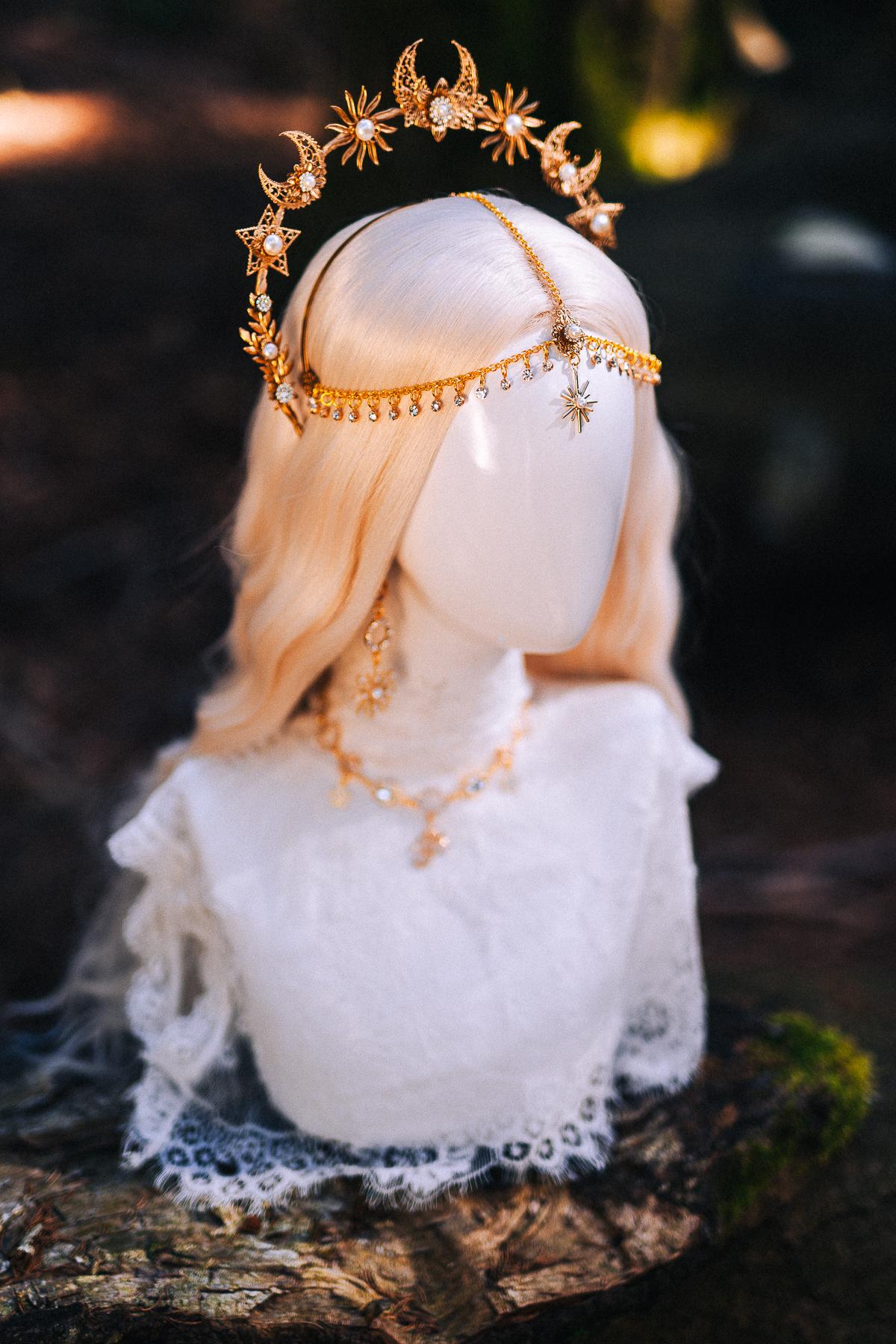 Gold Celestial Halo Crown Bridal Headpiece Star Moon Crown Goddess Wedding Crown
