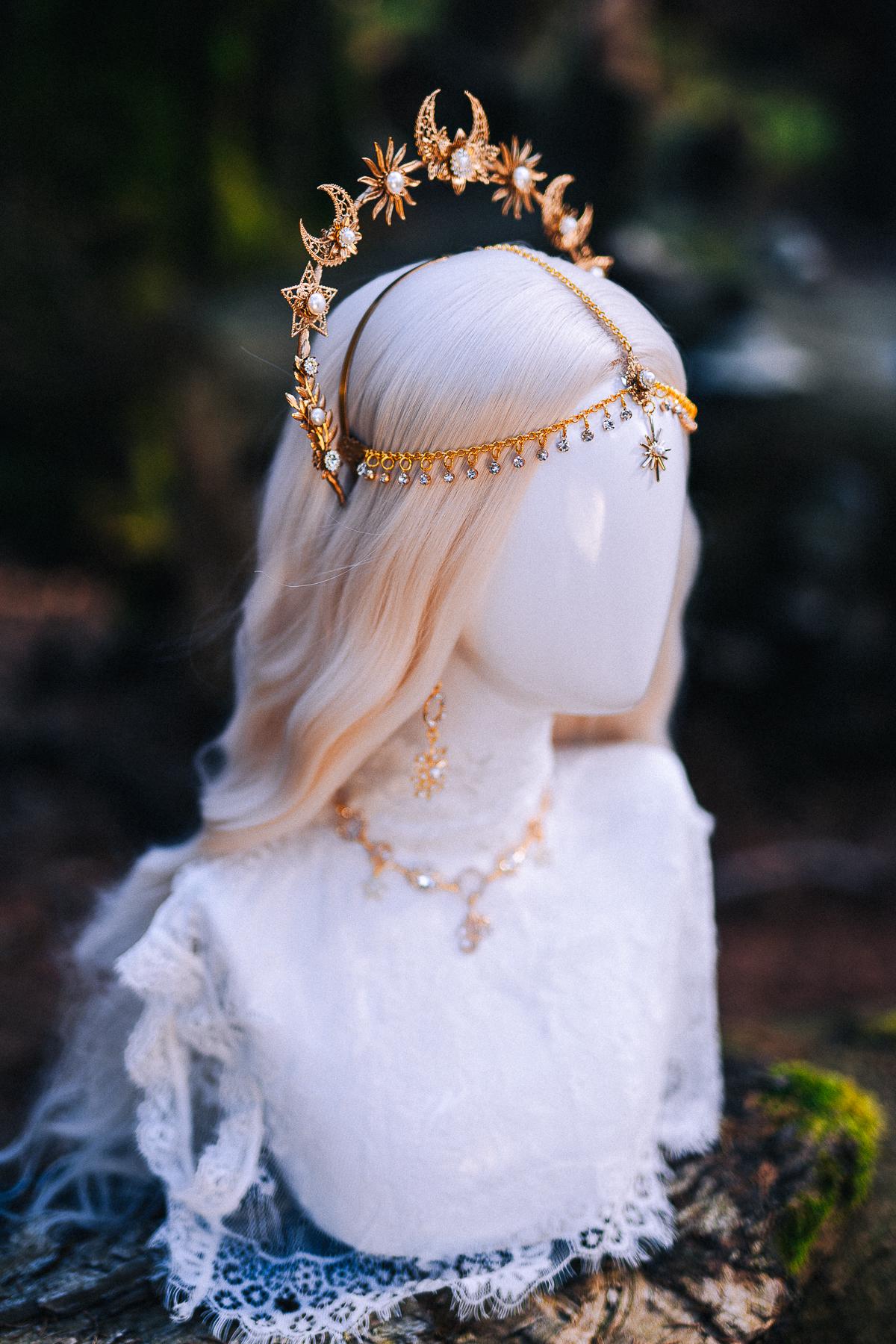 Gold Celestial Halo Crown Bridal Headpiece Star Moon Crown Goddess Wedding Crown