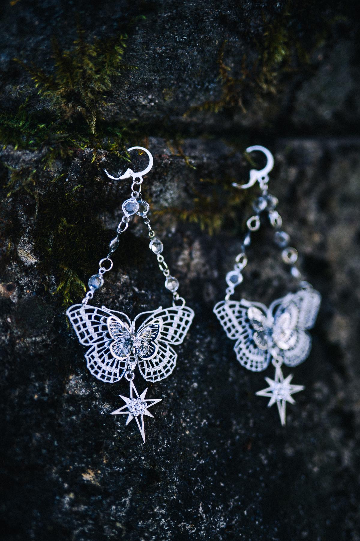 Silver Butterfly Earrings Bridal Wedding Jewelry Celestial Drop Earrings