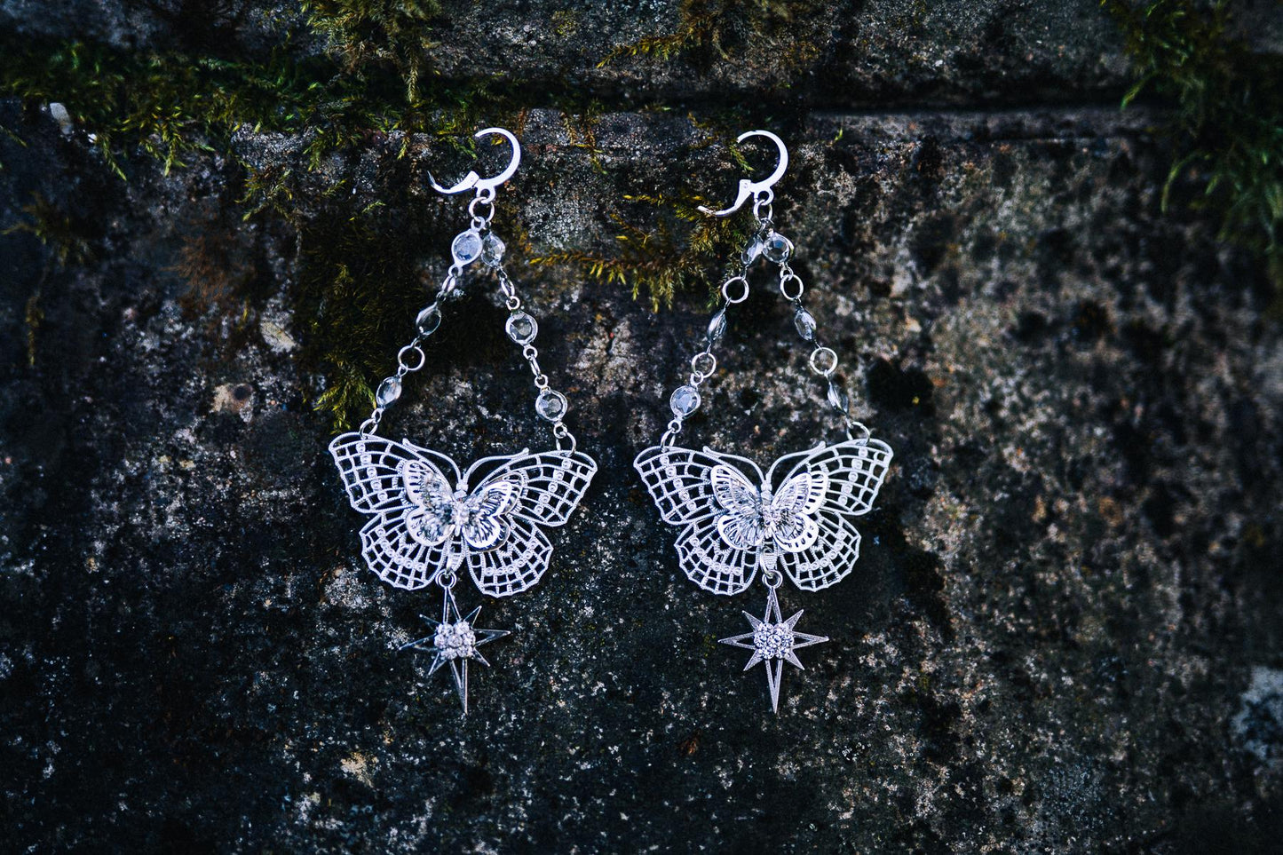Silver Butterfly Earrings Bridal Wedding Jewelry Celestial Drop Earrings