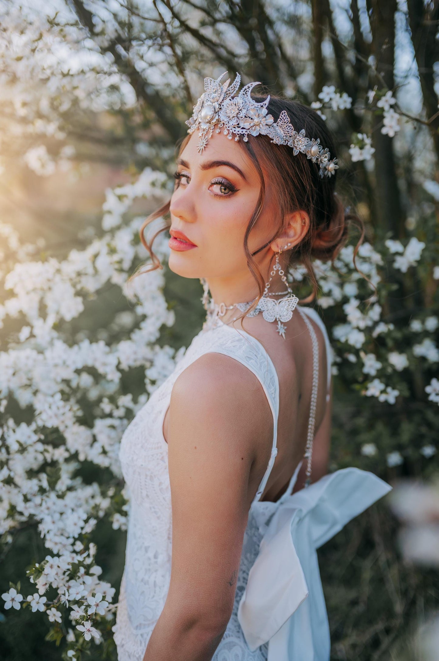 Silver Celestial Butterfly Crown Bridal Tiara – Wedding Goddess Headpiece