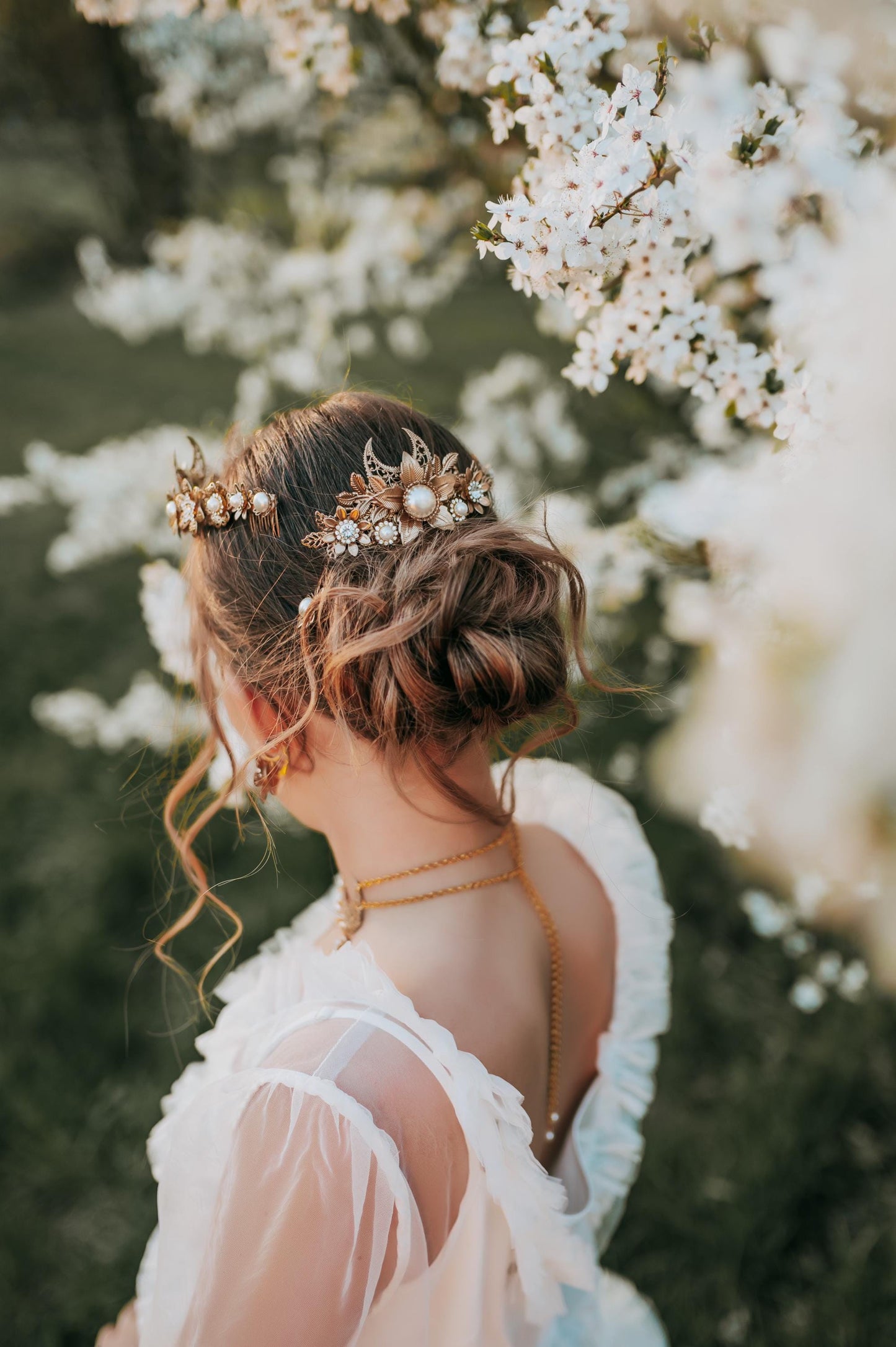Golden Bridal Hair Comb Set Wedding Hair Accessories Pearl Floral Hairpiece