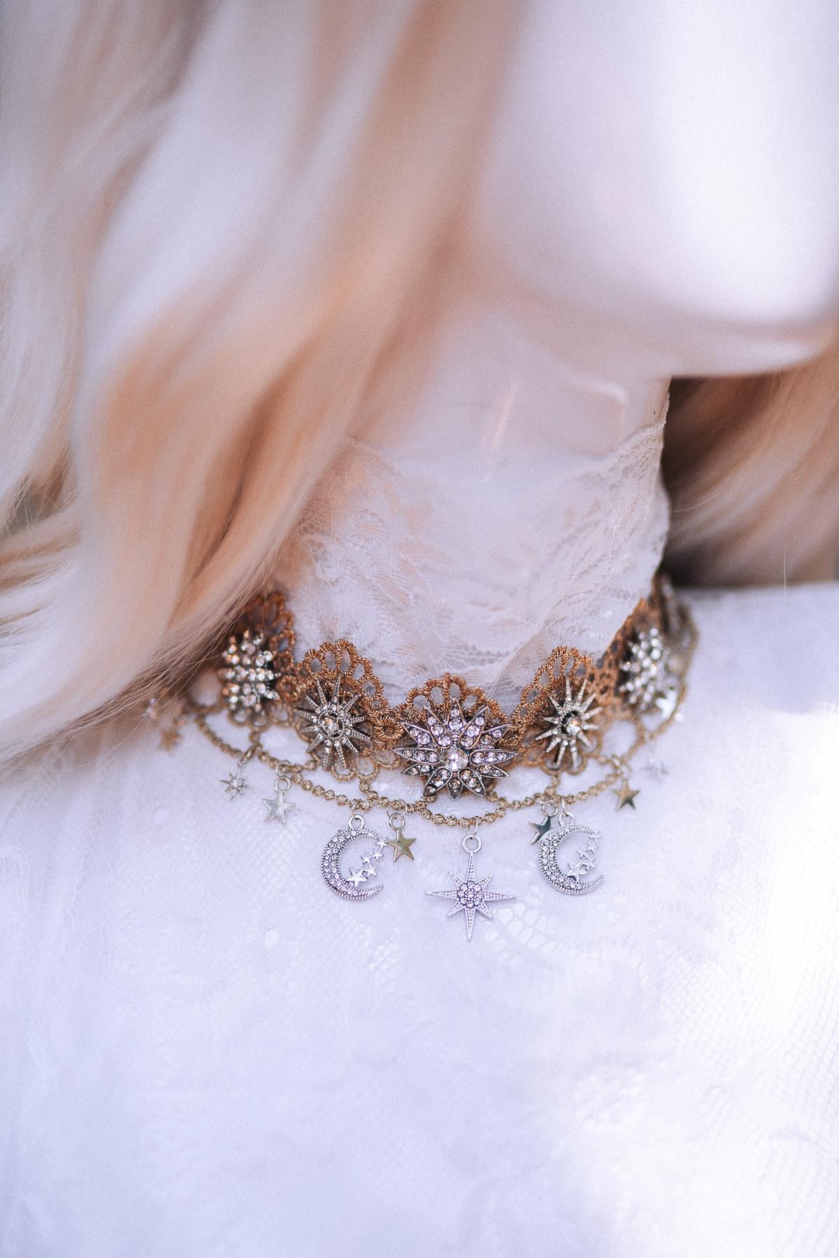 Celestial Moon Star Necklace Bridal Silver Crystal Choker Wedding Jewelry