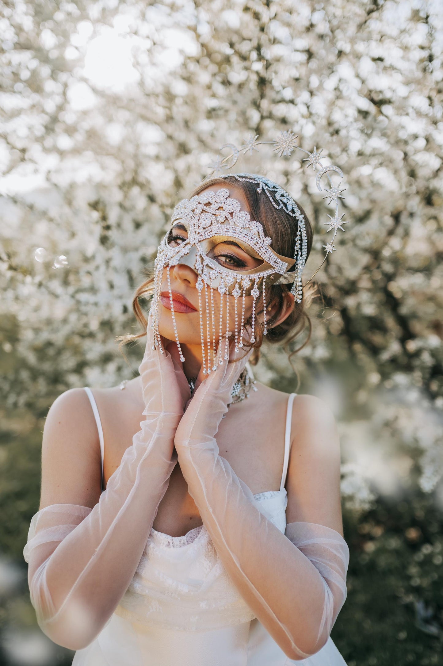 Celestial Crystal Masquerade Mask Bridal Silver Rhinestone Mask Wedding Mask Star Moon Mask