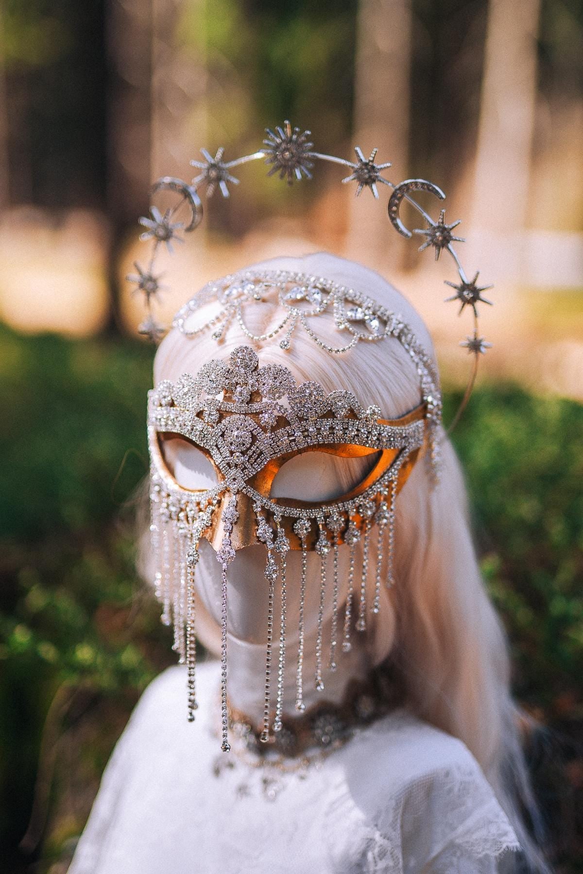 Celestial Crystal Masquerade Mask Bridal Silver Rhinestone Mask Wedding Mask Star Moon Mask