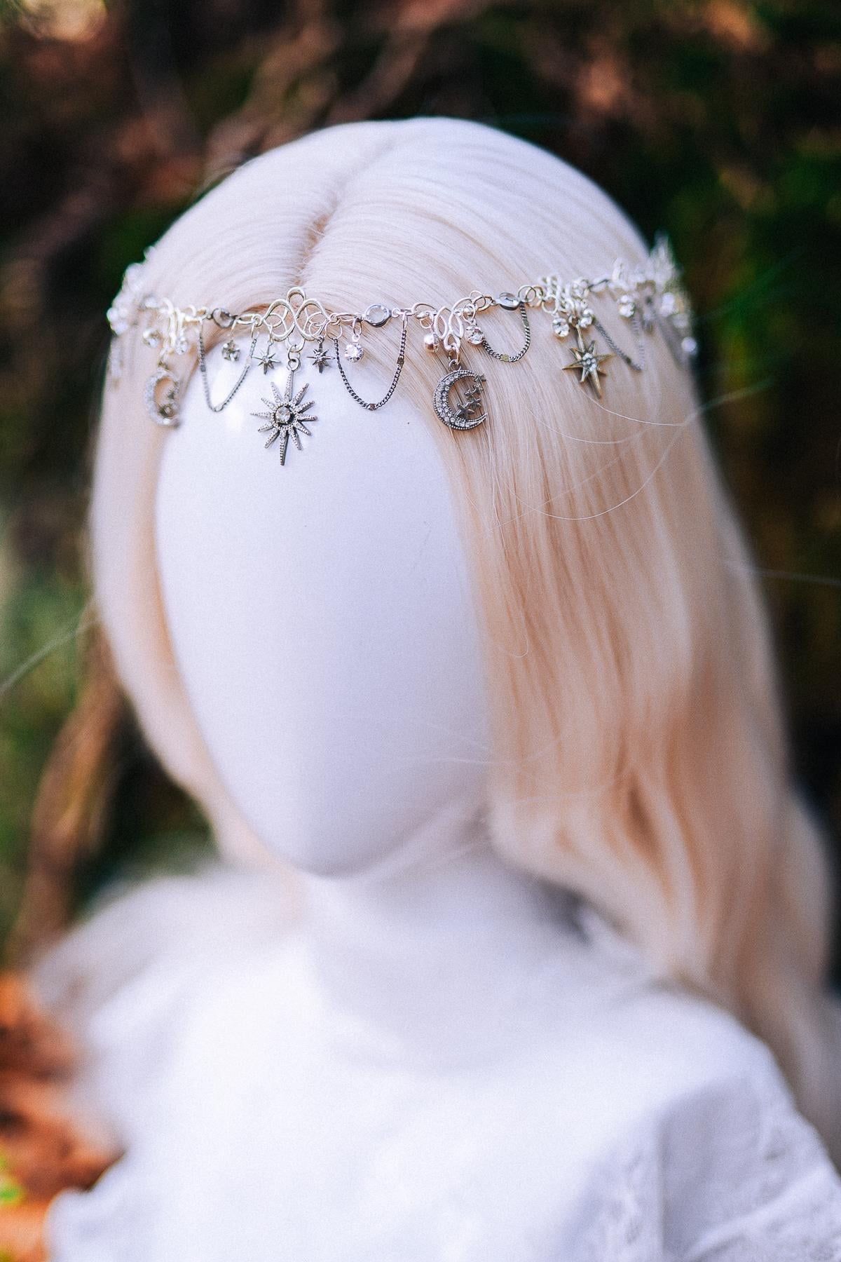 Silver Celestial Head Chain Moon Crown Elf Headpiece Festival Hair Jewelry Bridal Goddess Crown