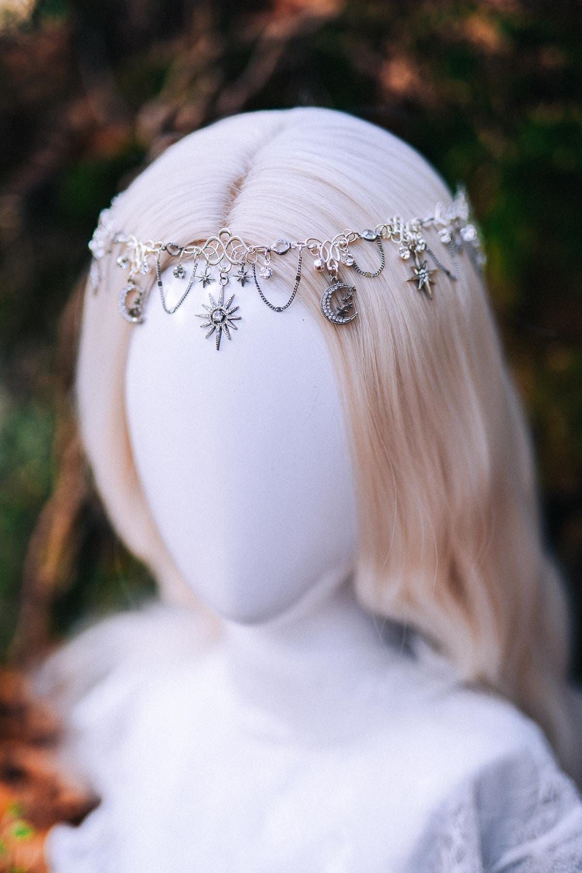 Silver Celestial Head Chain Moon Crown Elf Headpiece Festival Hair Jewelry Bridal Goddess Crown