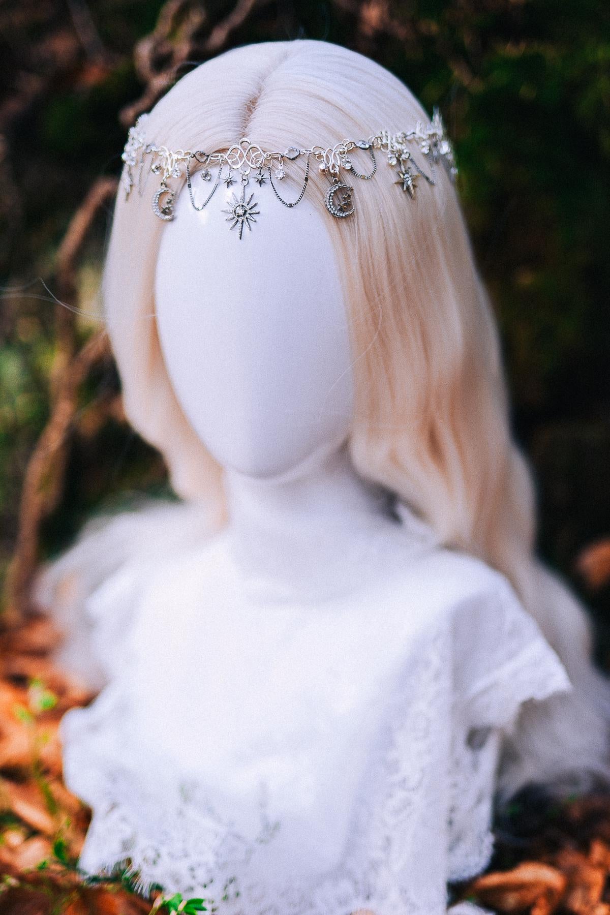 Silver Celestial Head Chain Moon Crown Elf Headpiece Festival Hair Jewelry Bridal Goddess Crown