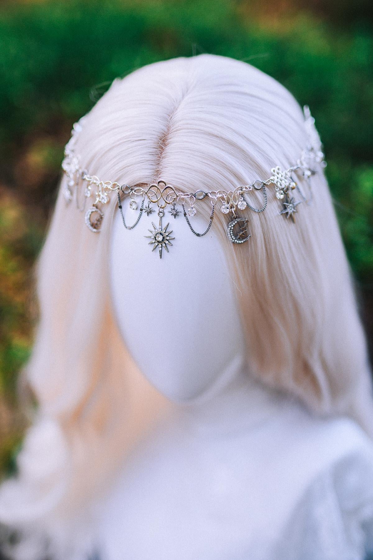 Silver Celestial Head Chain Moon Crown Elf Headpiece Festival Hair Jewelry Bridal Goddess Crown