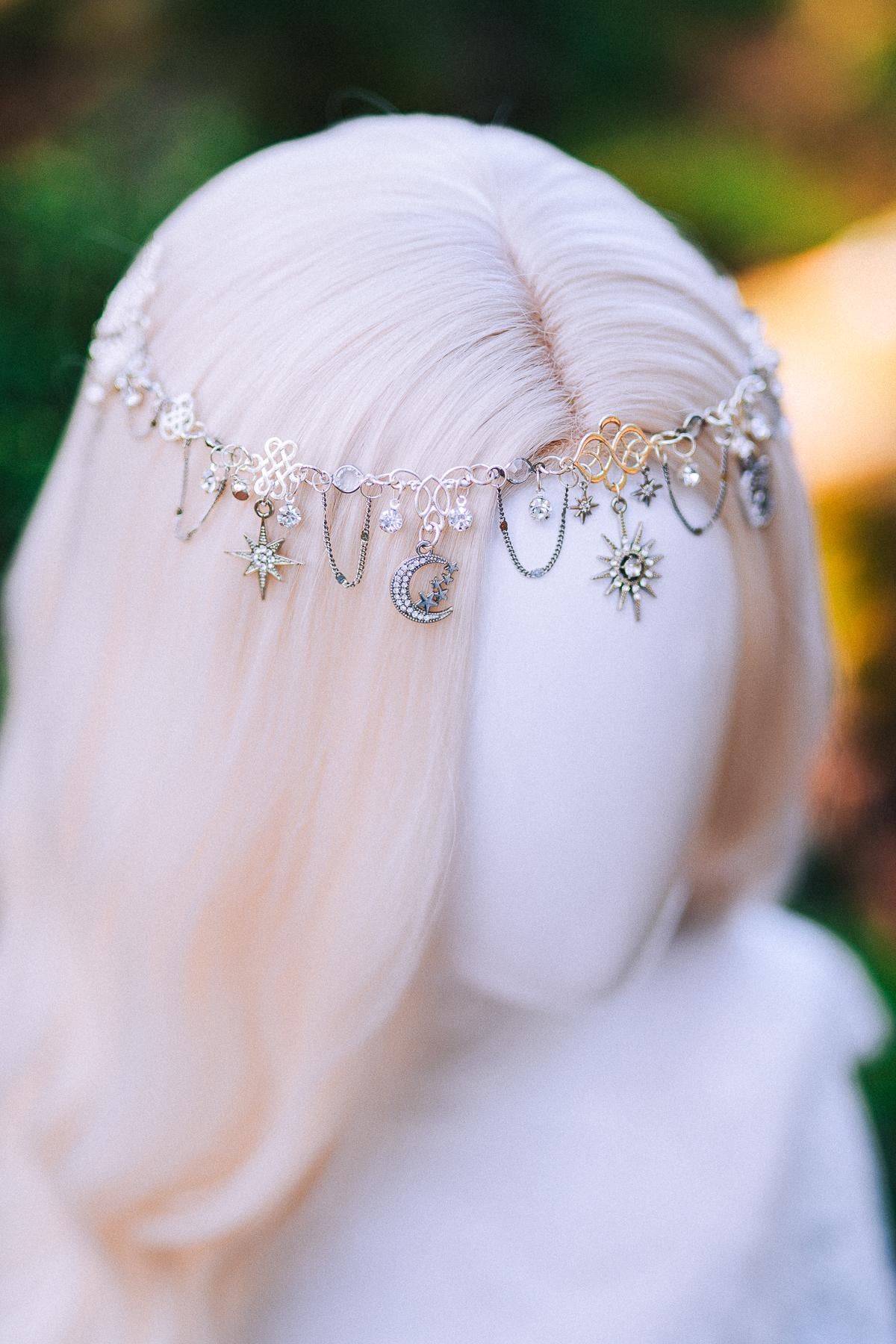 Silver Celestial Head Chain Moon Crown Elf Headpiece Festival Hair Jewelry Bridal Goddess Crown