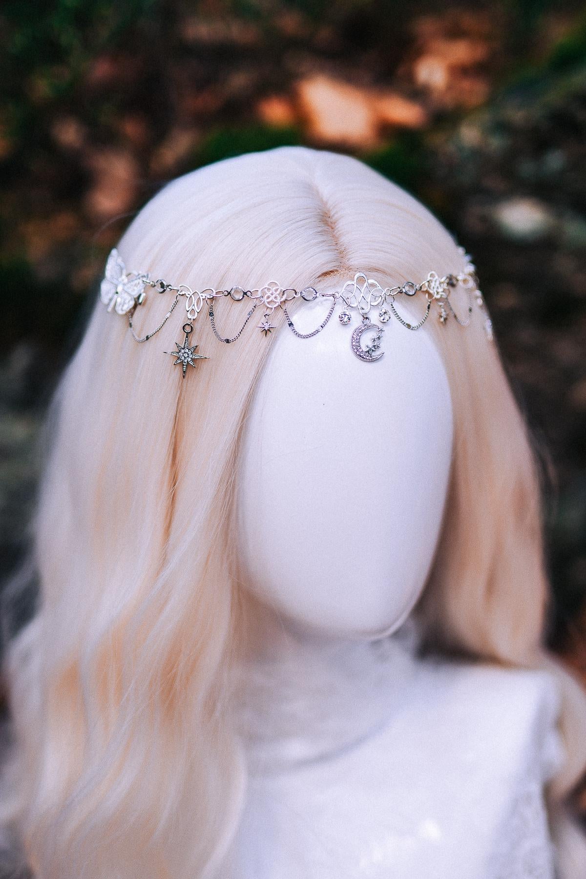Silver Celestial Head Chain Moon Crown Bridal Headpiece Elf Wedding Hair Jewelry Goddess Headpiece
