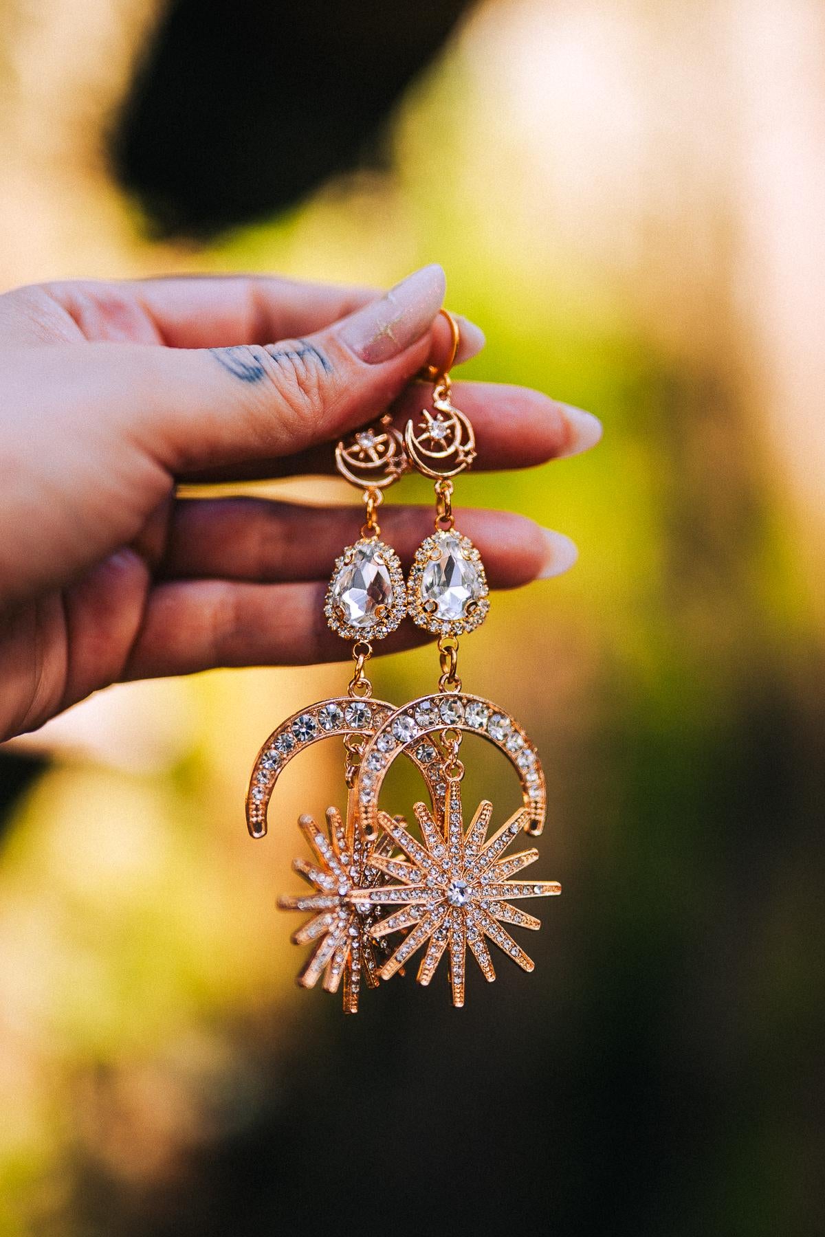 Gold Celestial Earrings Bridal Crystal Drop Goddess Jewelry