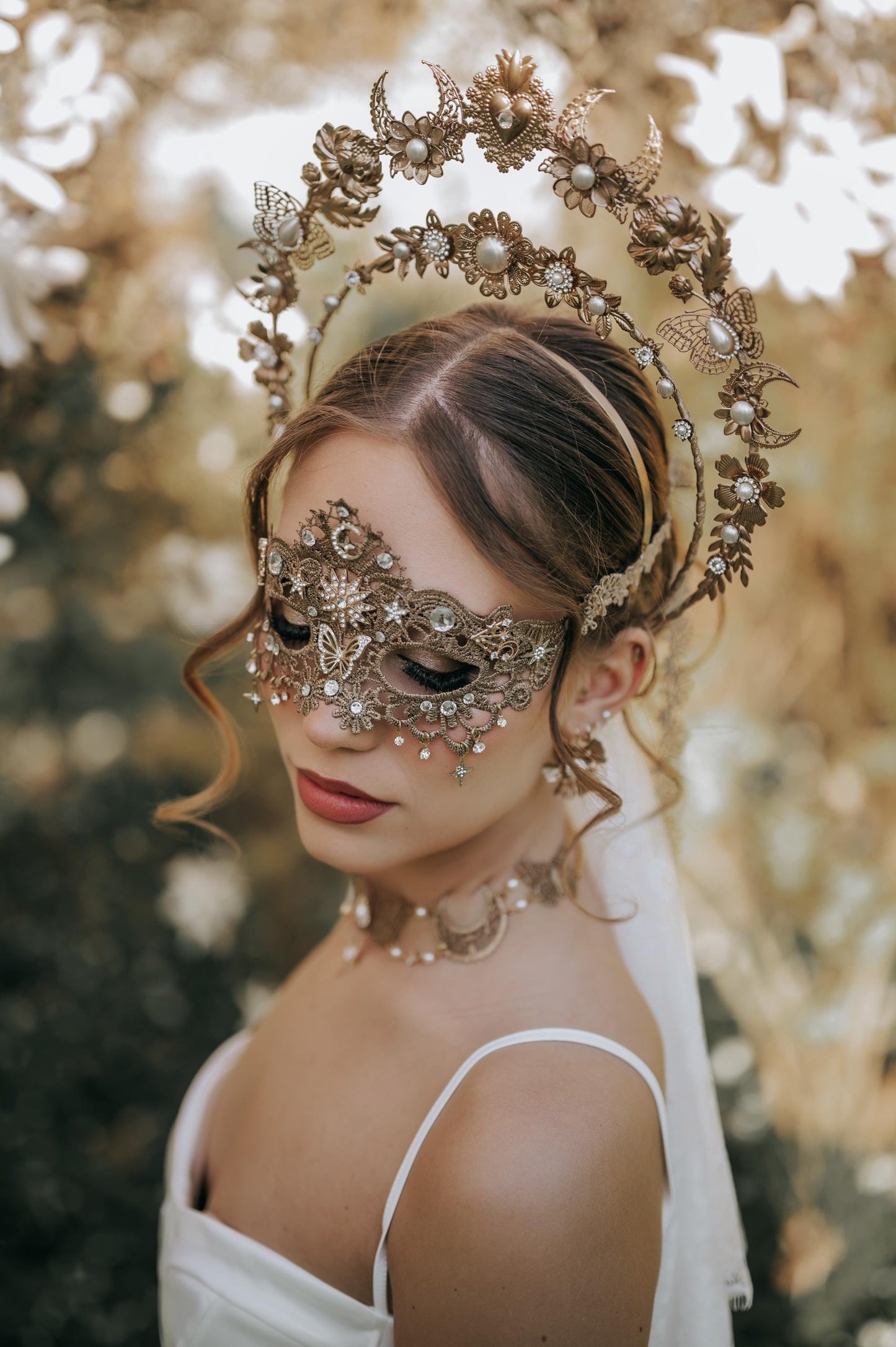 Gold Bridal Necklace Pearl Wedding Necklace Masquerade Style