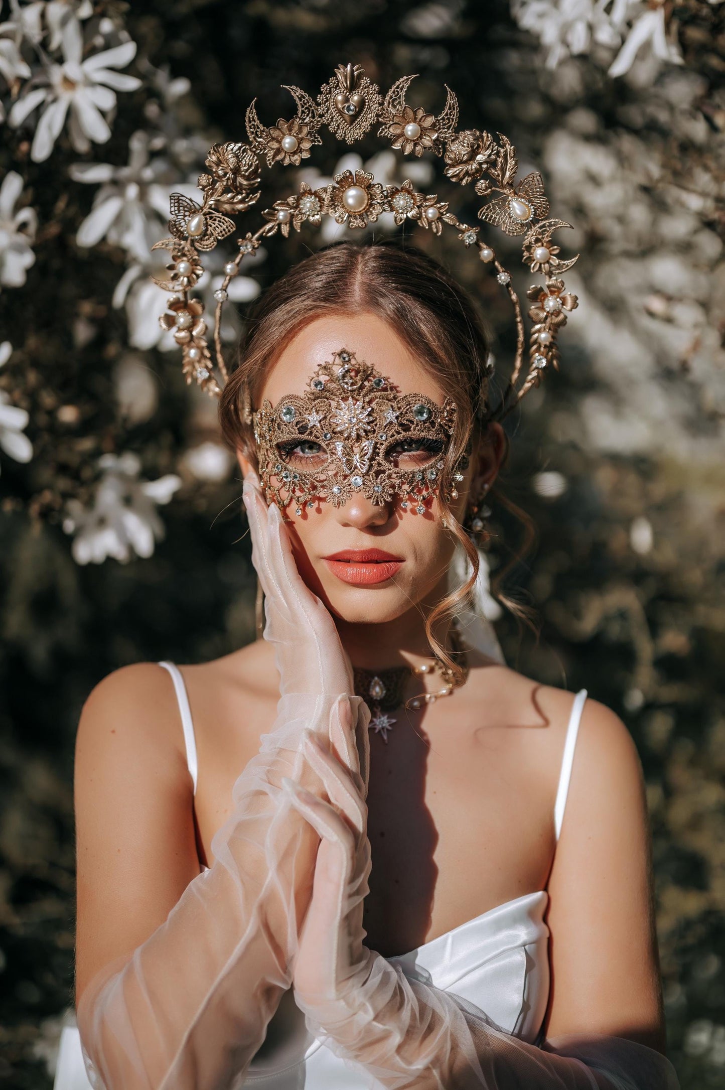 Gold Bridal Necklace Pearl Wedding Necklace Masquerade Style