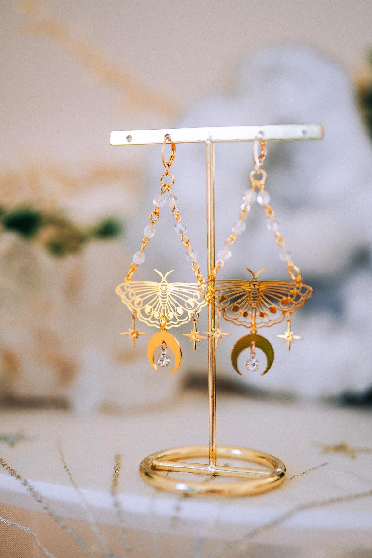 Gold Moth Earrings Celestial Moon Star Earrings Crystal Dangle Earrings Statement Jewelry