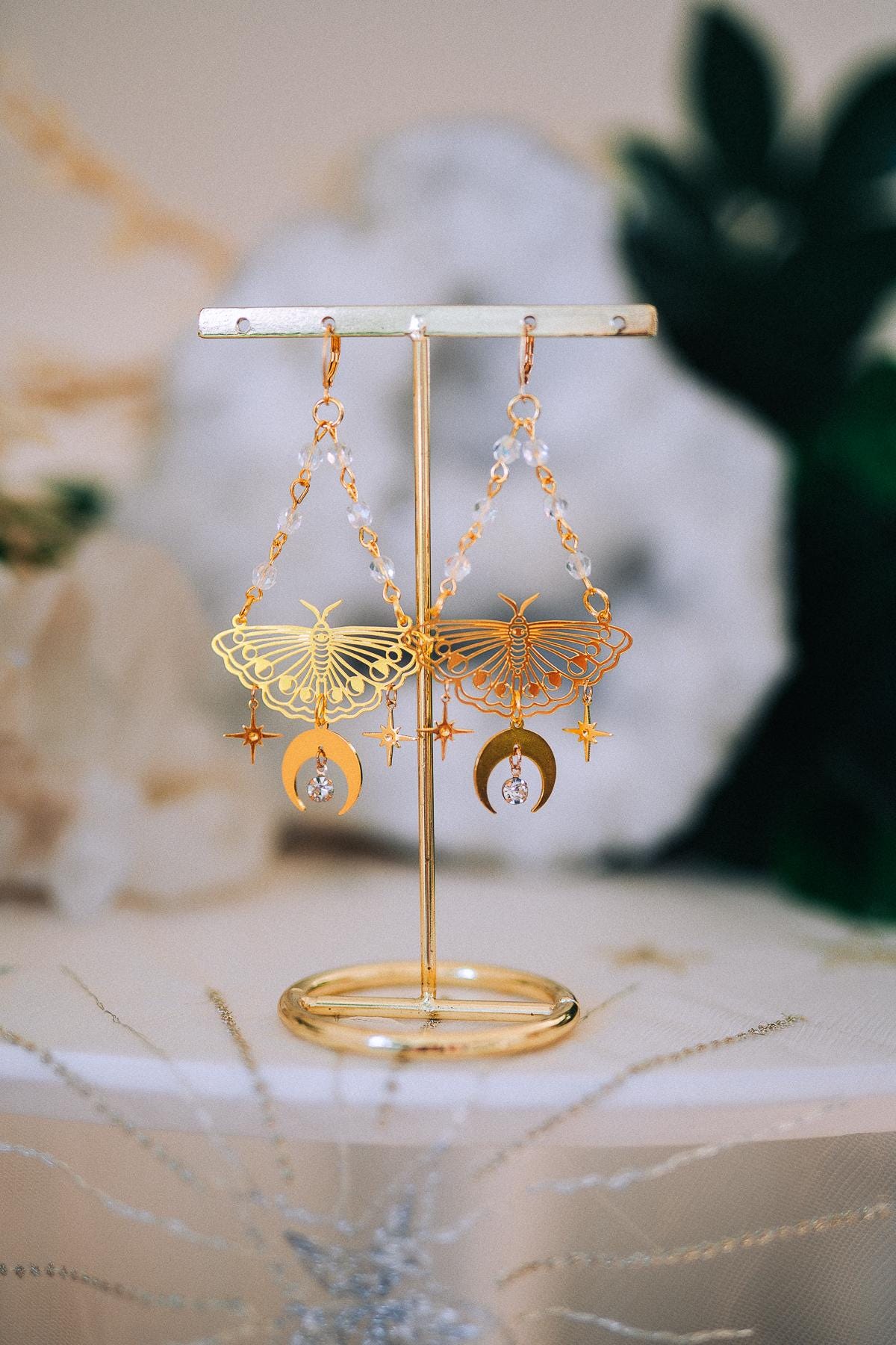 Gold Moth Earrings Celestial Moon Star Earrings Crystal Dangle Earrings Statement Jewelry