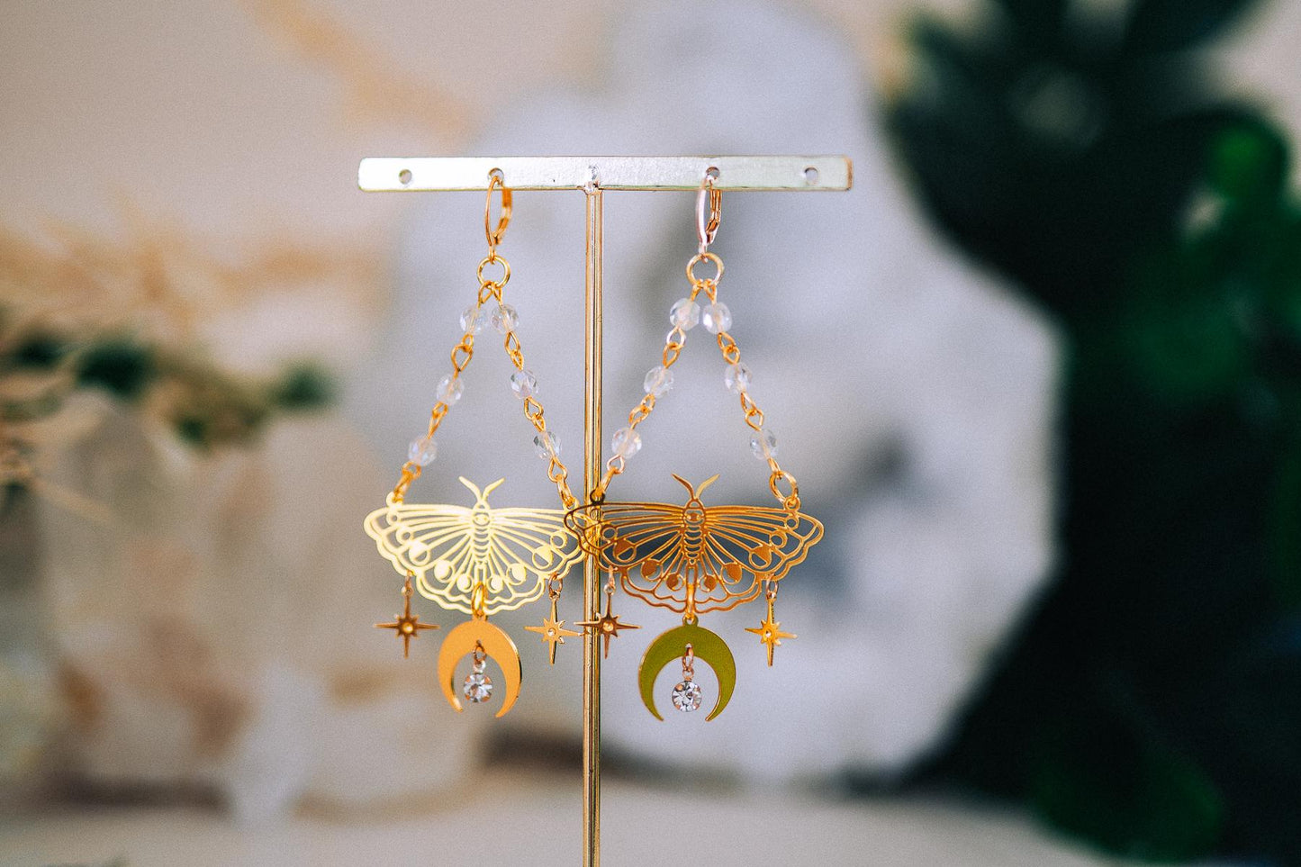 Gold Moth Earrings Celestial Moon Star Earrings Crystal Dangle Earrings Statement Jewelry