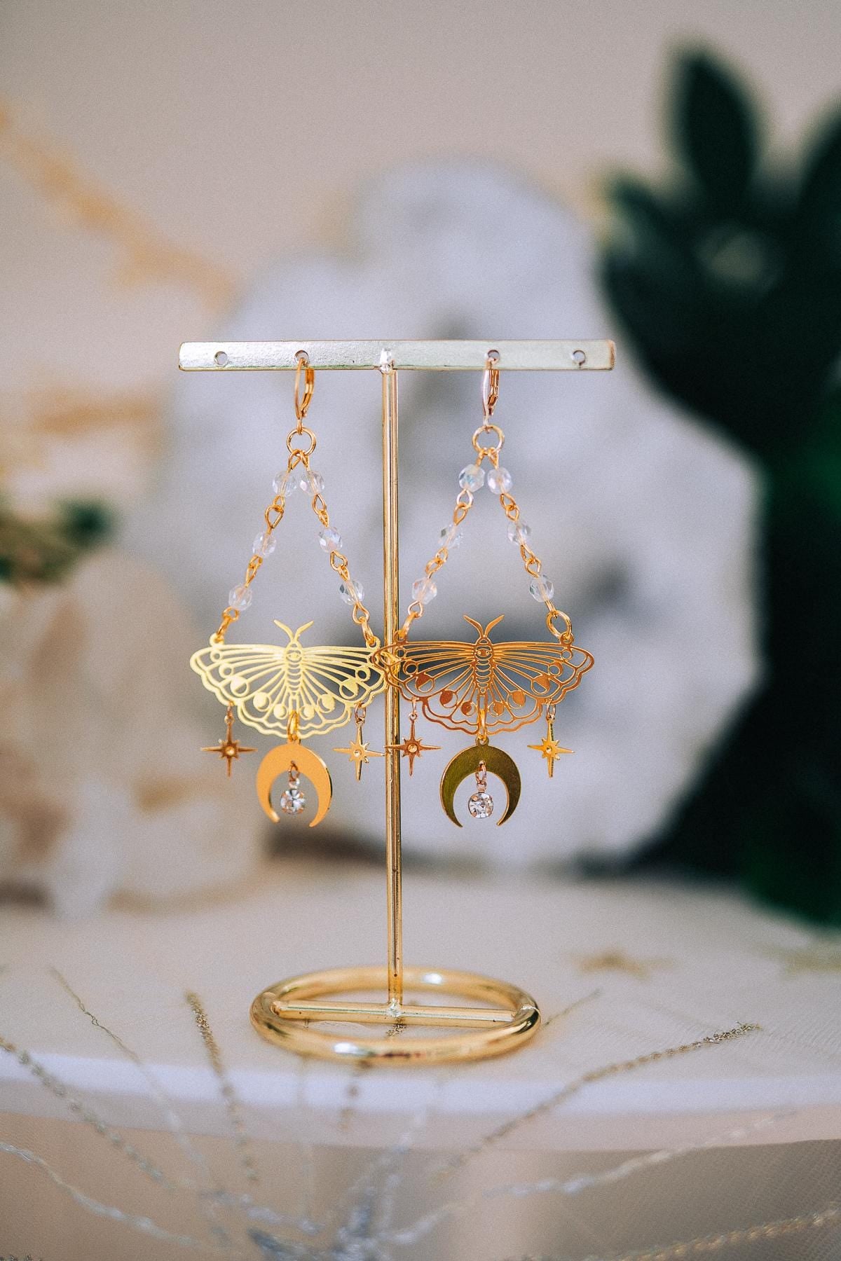 Gold Moth Earrings Celestial Moon Star Earrings Crystal Dangle Earrings Statement Jewelry