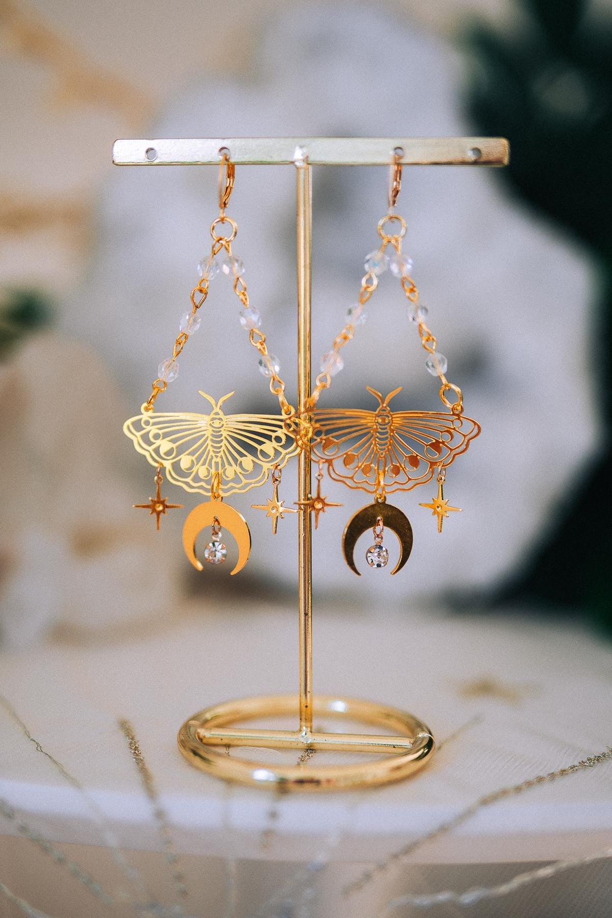 Gold Moth Earrings Celestial Moon Star Earrings Crystal Dangle Earrings Statement Jewelry