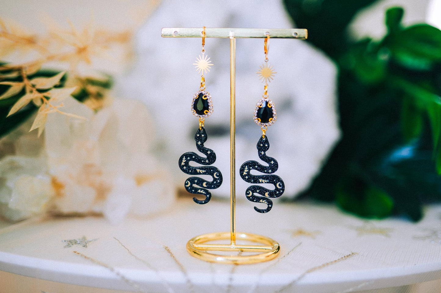 Snake Earrings Celestial Gold Earrings Black Statement Earrings Gothic Jewelry
