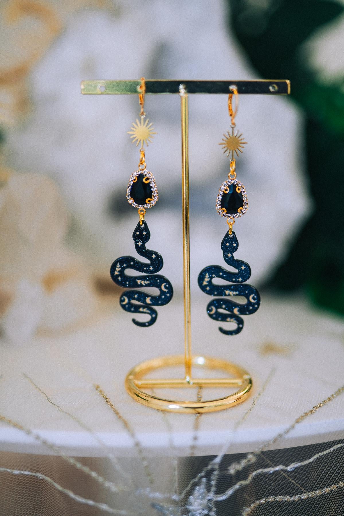 Snake Earrings Celestial Gold Earrings Black Statement Earrings Gothic Jewelry