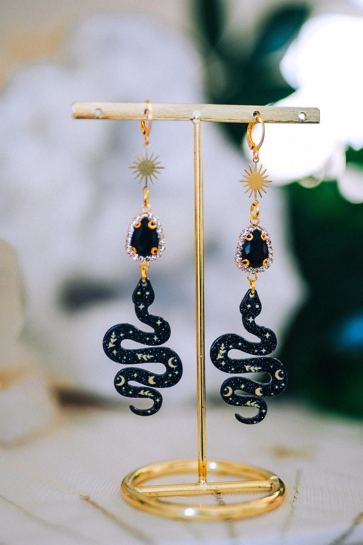 Snake Earrings Celestial Gold Earrings Black Statement Earrings Gothic Jewelry