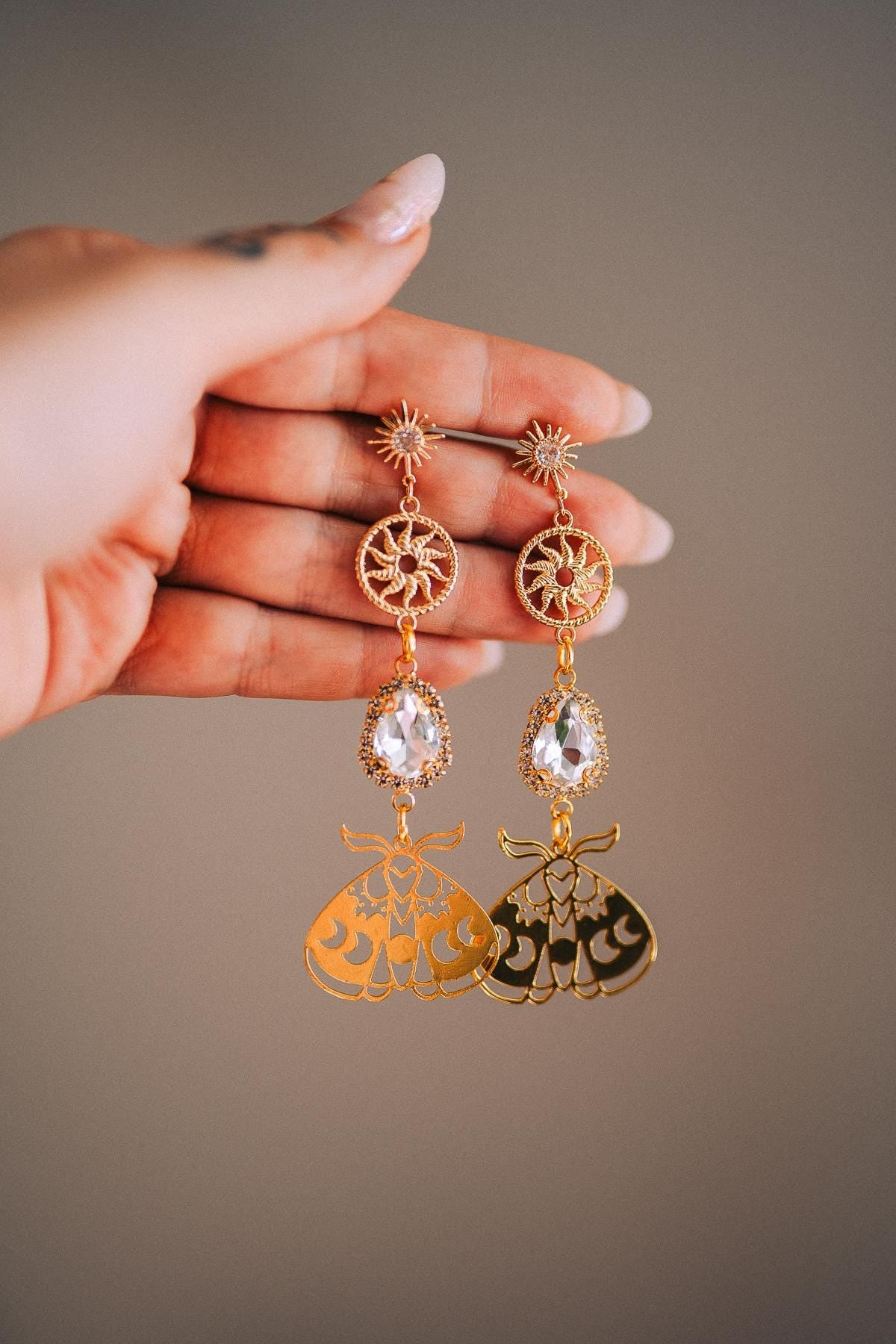 Gold Moth Earrings Crystal Drop Earrings Celestial Sun Earrings Statement Jewelry
