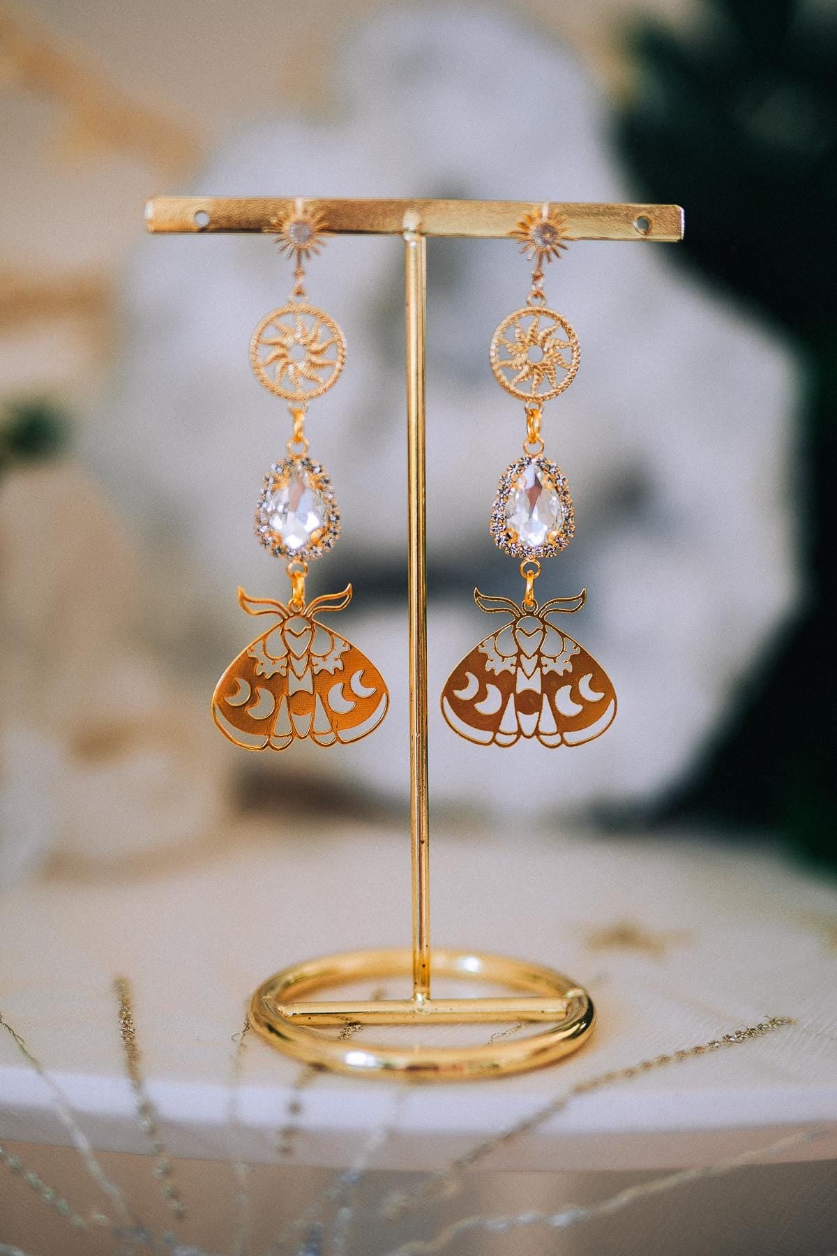 Gold Moth Earrings Crystal Drop Earrings Celestial Sun Earrings Statement Jewelry