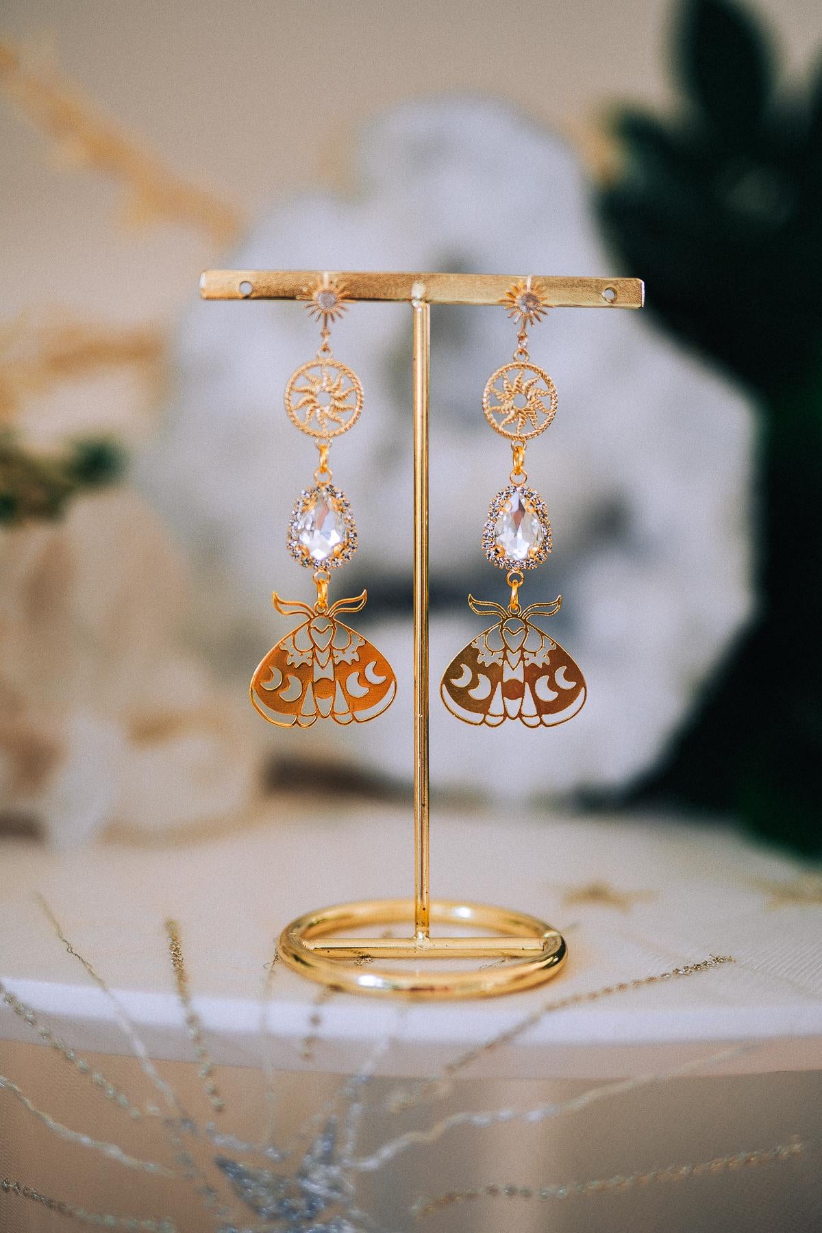 Gold Moth Earrings Crystal Drop Earrings Celestial Sun Earrings Statement Jewelry
