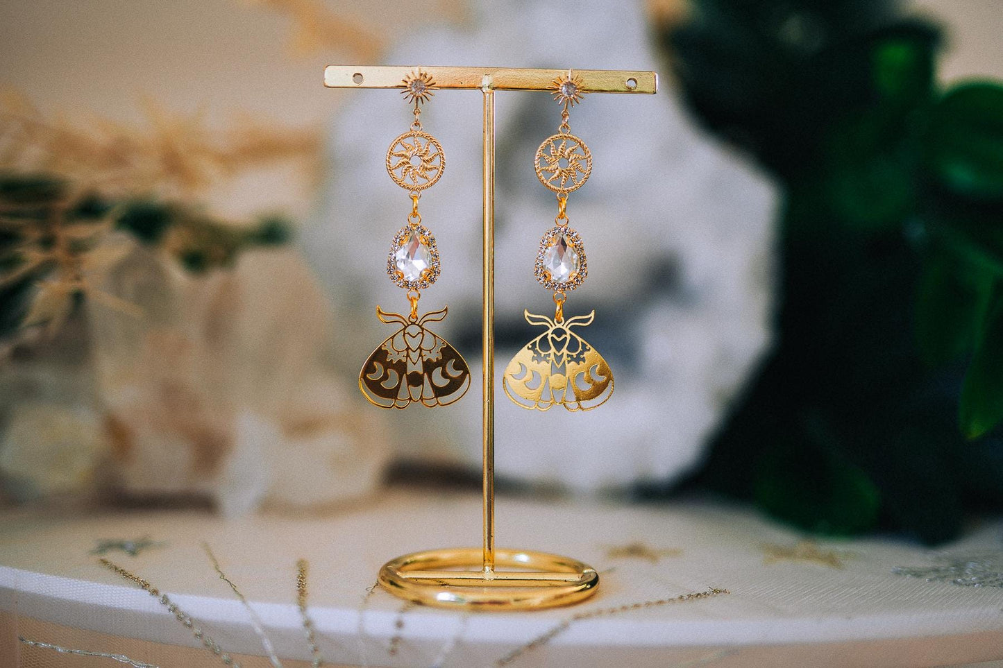 Gold Moth Earrings Crystal Drop Earrings Celestial Sun Earrings Statement Jewelry