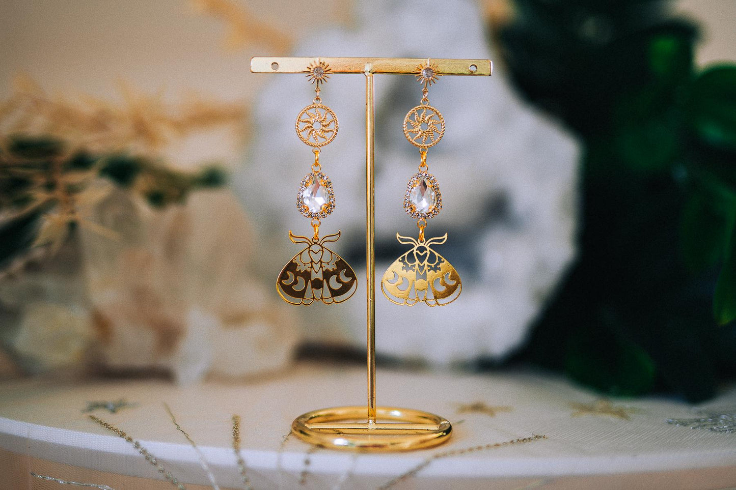 Gold Moth Earrings Crystal Drop Earrings Celestial Sun Earrings Statement Jewelry
