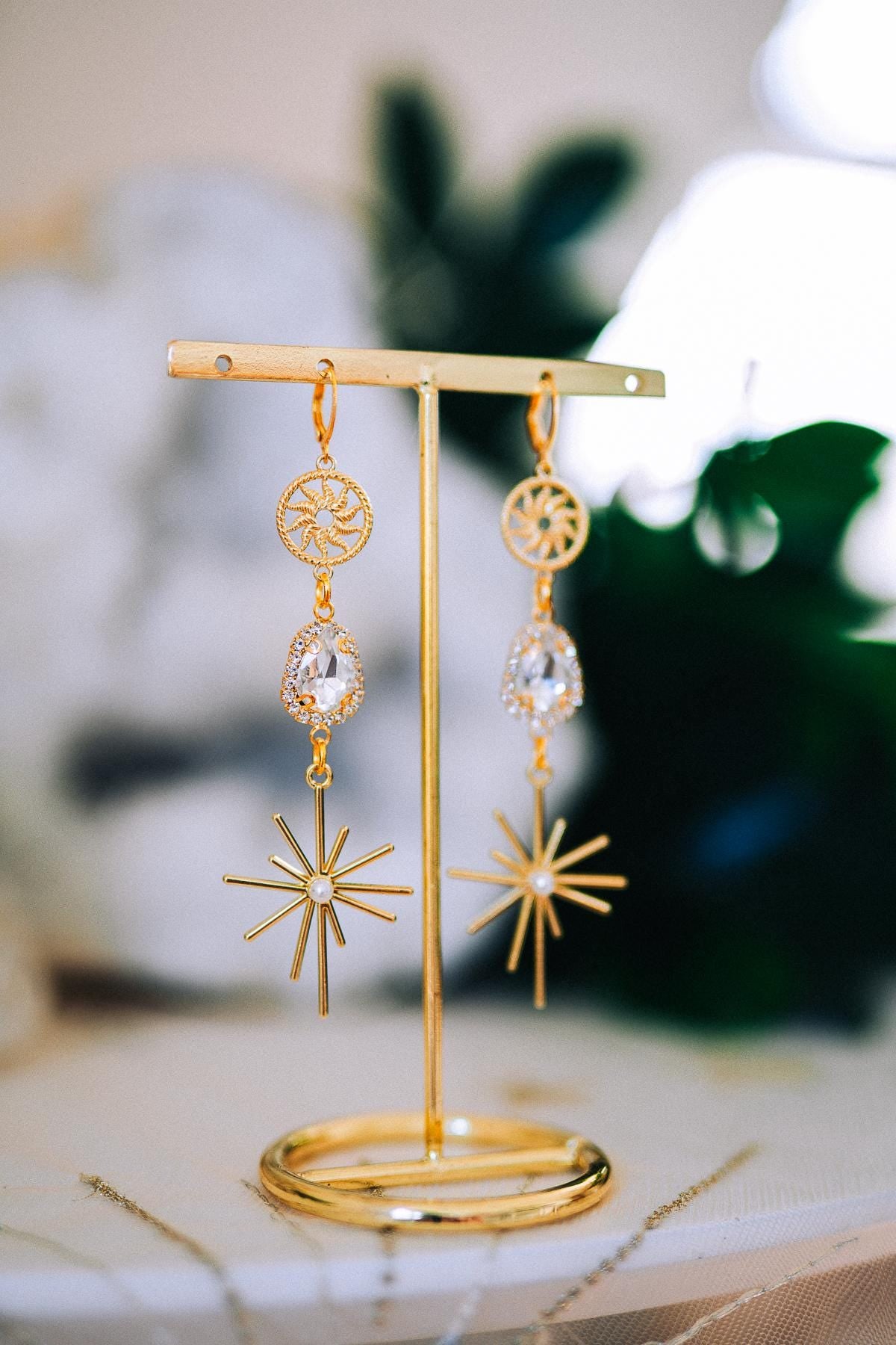 Gold Sunburst Crystal Drop Earrings – Celestial Bridal Statement Jewelry