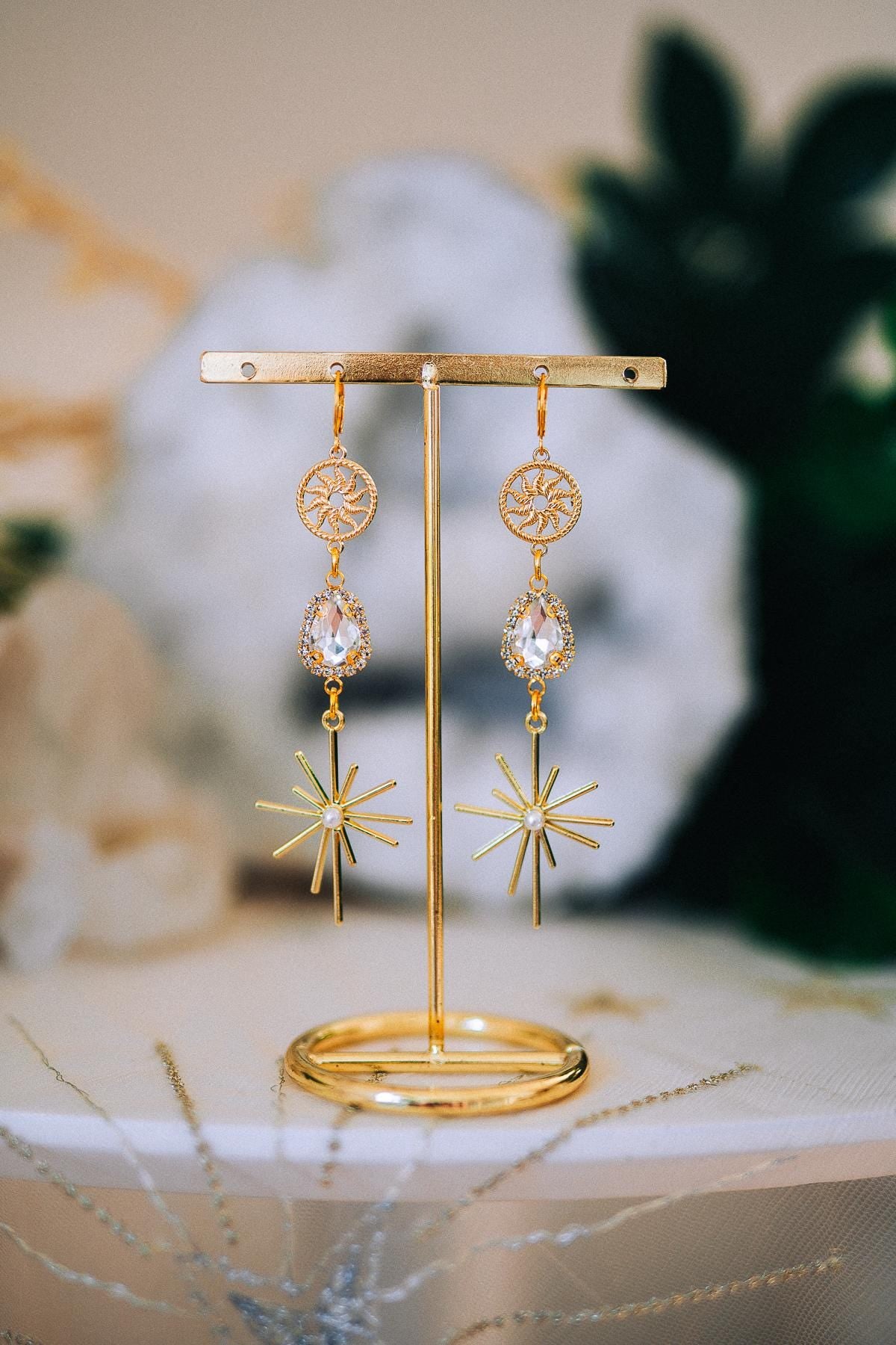 Gold Sunburst Crystal Drop Earrings – Celestial Bridal Statement Jewelry