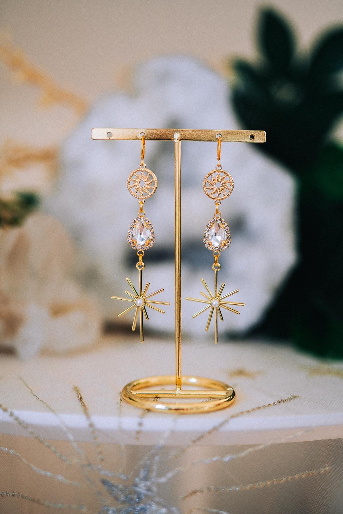 Gold Sunburst Crystal Drop Earrings – Celestial Bridal Statement Jewelry