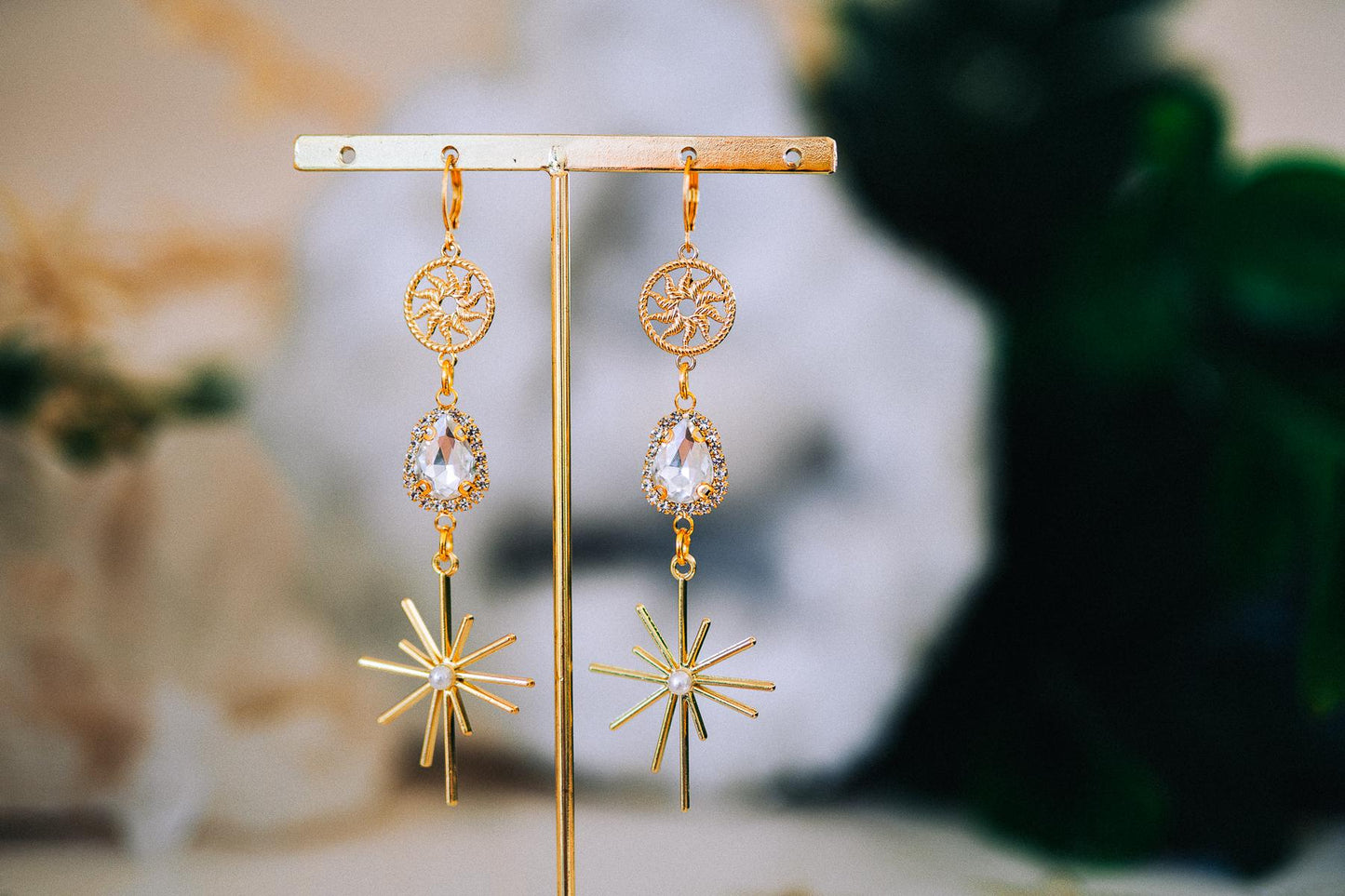Gold Sunburst Crystal Drop Earrings – Celestial Bridal Statement Jewelry