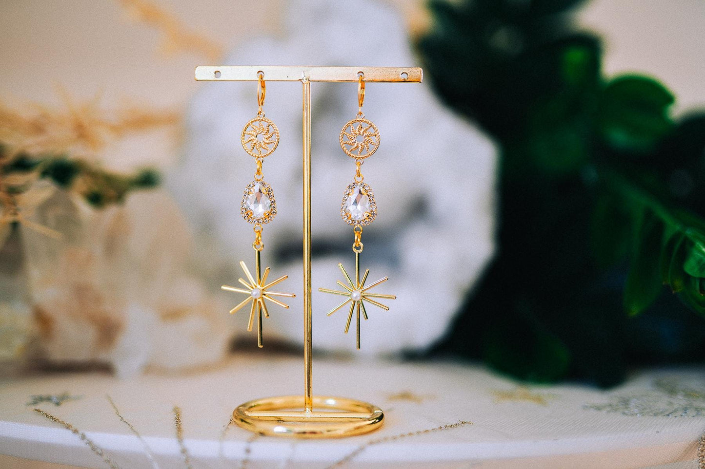 Gold Sunburst Crystal Drop Earrings – Celestial Bridal Statement Jewelry