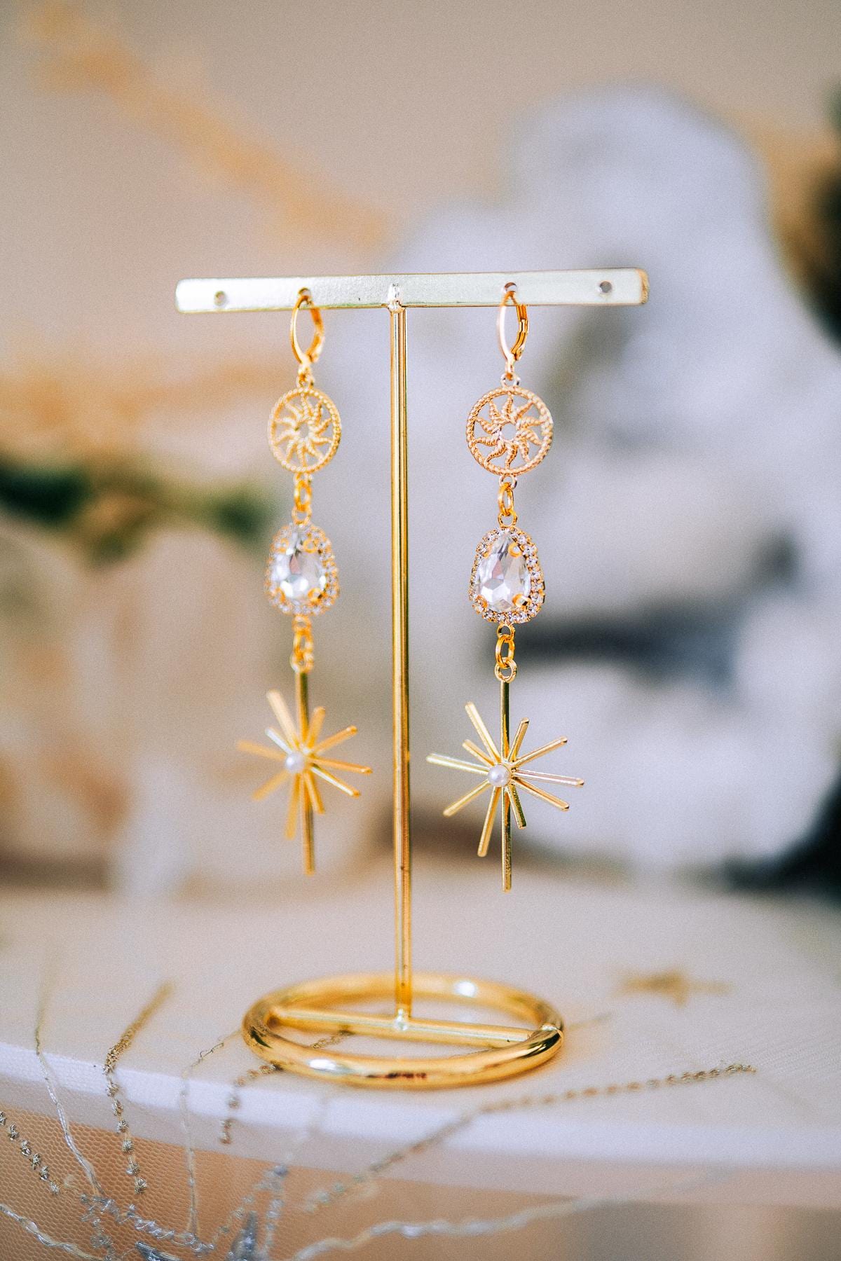 Gold Sunburst Crystal Drop Earrings – Celestial Bridal Statement Jewelry