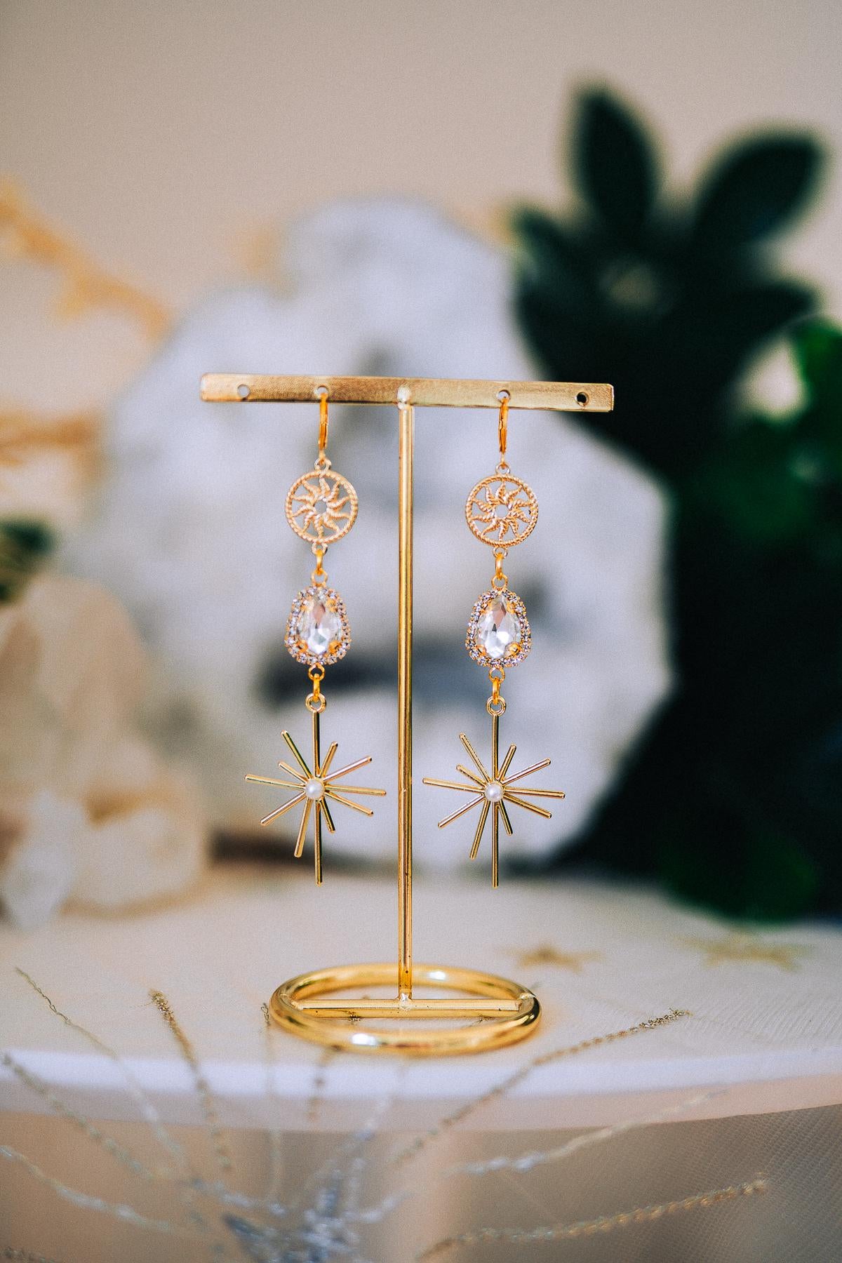 Gold Sunburst Crystal Drop Earrings – Celestial Bridal Statement Jewelry