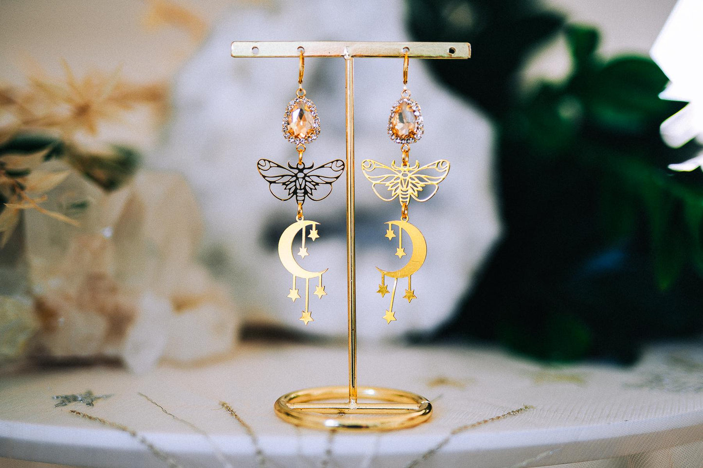 Moon Star Earrings Gold Moth Earrings Celestial Crystal Drop Earrings Statement Jewelry