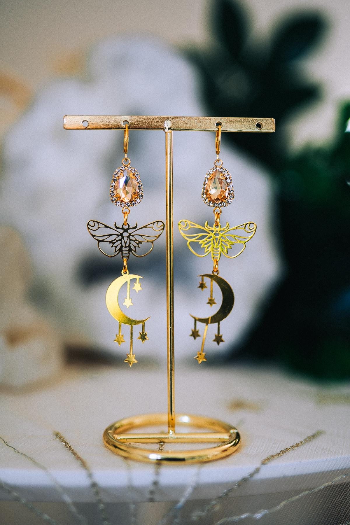 Moon Star Earrings Gold Moth Earrings Celestial Crystal Drop Earrings Statement Jewelry